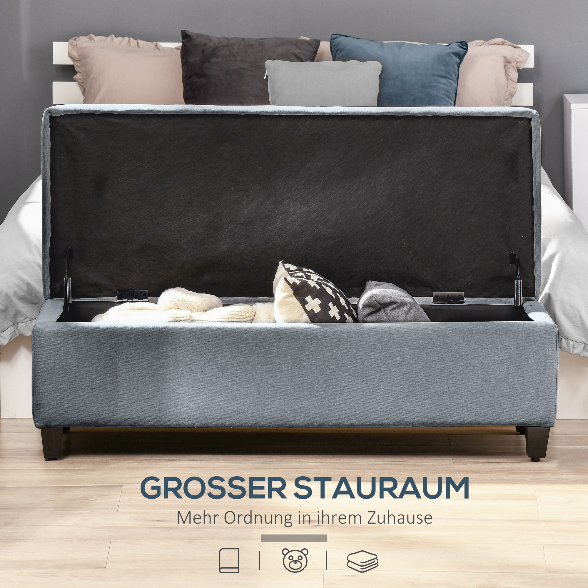 Sitzbank mit Stauraum, Ottomane, Flurbank, Knopfheftung,125,1 cm x 48,9 cm x 41,3 cm, Grau