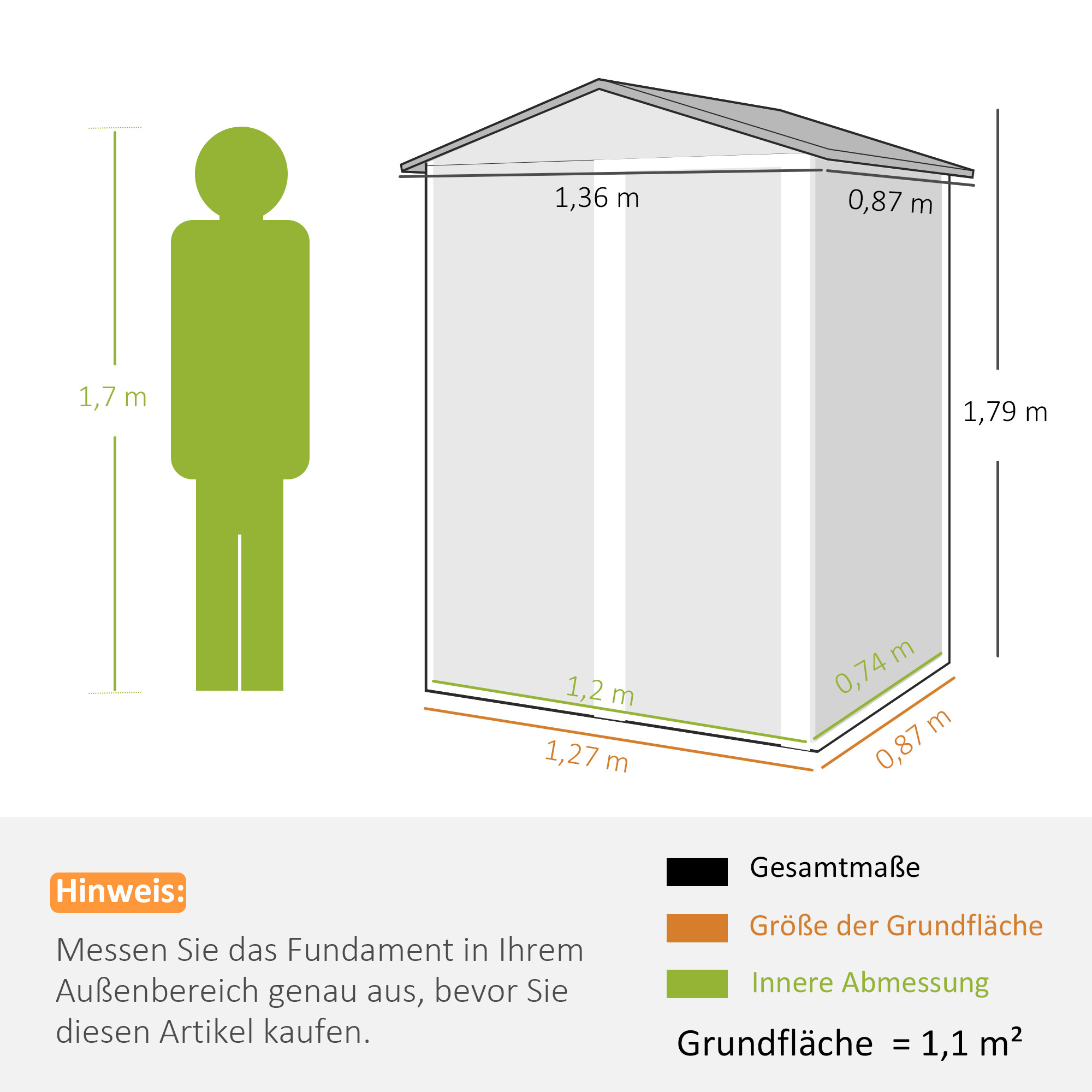Metall Gerätehaus 1,1 m², Geräteschuppen mit Sattedach Abschließbarer Schiebetür Handschuhen, 136 x 87 x 179 cm