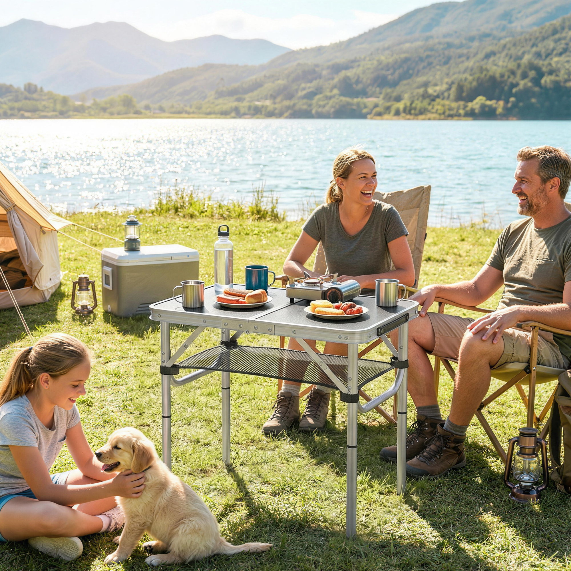 Campingtisch Klapptisch mit Netzfach, 4 Höhenverstellungen, Tragegriff Aluminium 60 x 40 x 26-60 cm Schwarz
