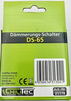 Outdoor Dämmerungs-Schalter "DS-65" / 230V/50Hz, max. 10A, 5-50 Lux, IP44