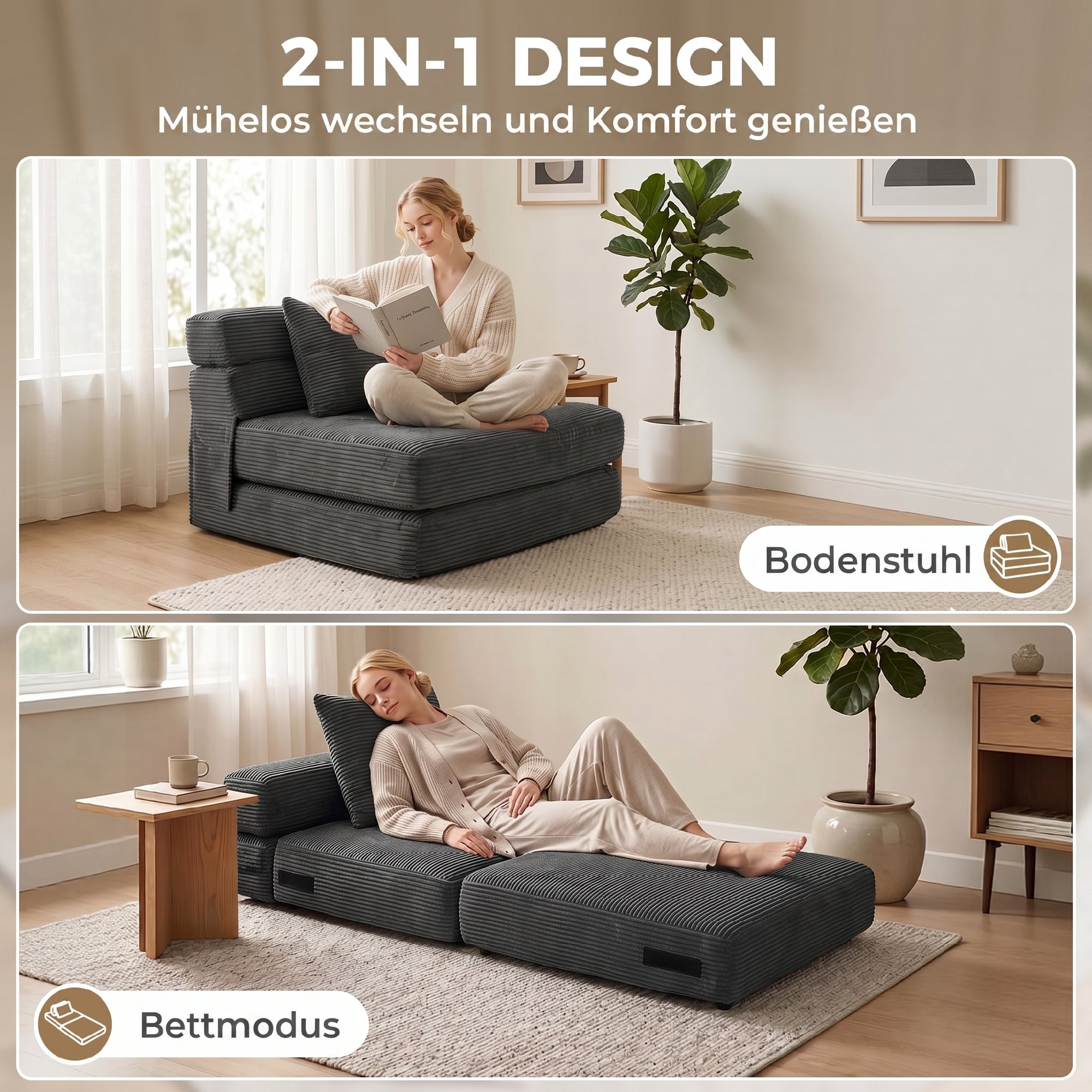 2-in-1 Boneless Cloud Bodenstuhl, klappbares Schlafsessel mit Cord-Optik & Lendenkissen, Dunkelgrau