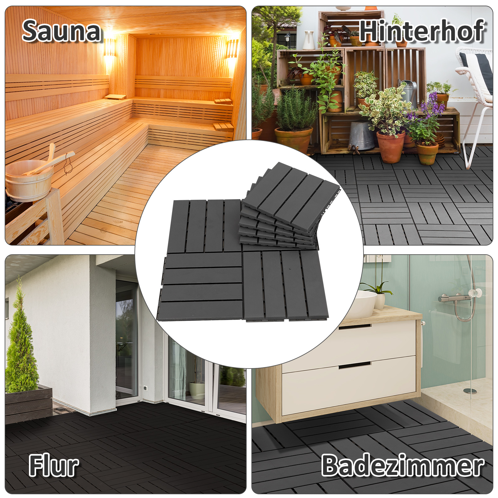 Terrassenfliesen 30 x 30 cm 9 Stück 0,81? Klickfliesen Balkonfliesen mit Klicksystem Drainagefunktion Bodenbelag Fliese für Terrasse Balkon Schwarz