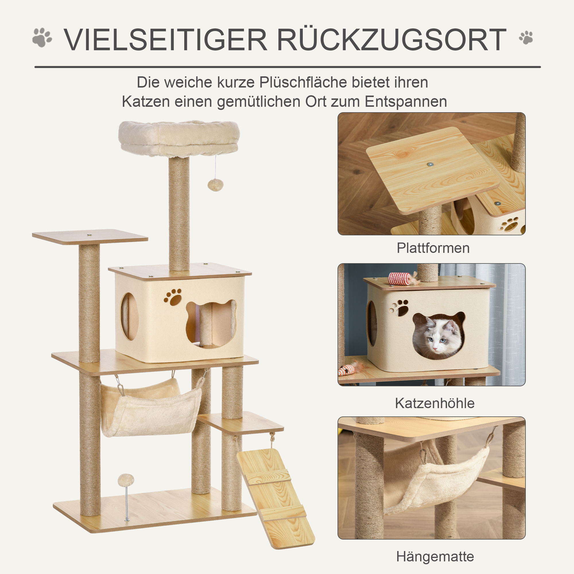 Kratzbaum Katzenbaum für Katzen Kletterbaum aus Holz mit Katzenhöhle Jutestämmen großer Plattform Spielbälle 130 cm Höhe stabil Plüsch Gelb 60 x 40 x 130 cm
