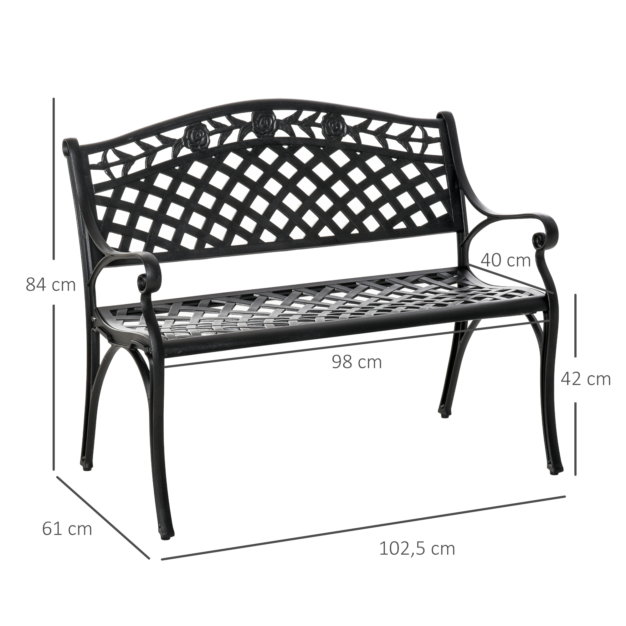 2-Sitzer Sitzbank Alu Gartenbank Metallbank Bank mit Armlehnen Landhausstil Schwarz 102,5 x 61 x 84 cm