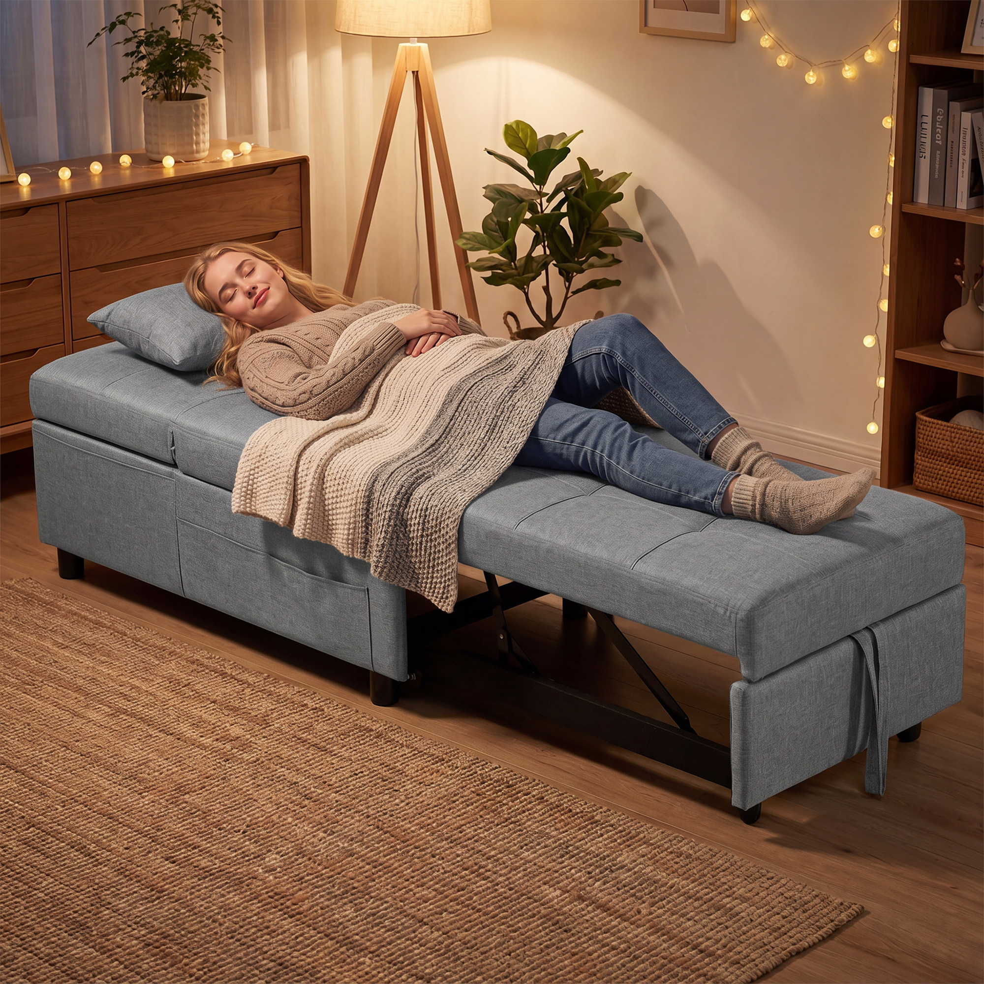 3-in-1 Klappsessel mit Seitentasche, Gästebett mit Kissen, Verstellbarer Rückenlehne, Bettsessel mit Rollen, Hellgrau