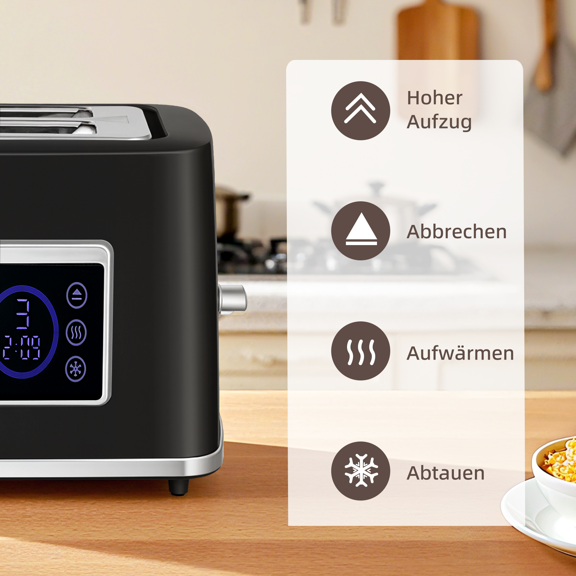 Wasserkocher und Toaster-Set mit LED-Touchscreen, 1,7 L, 2 Toasterschlitze, verschiedene Modi und Funktionen, Schwarz