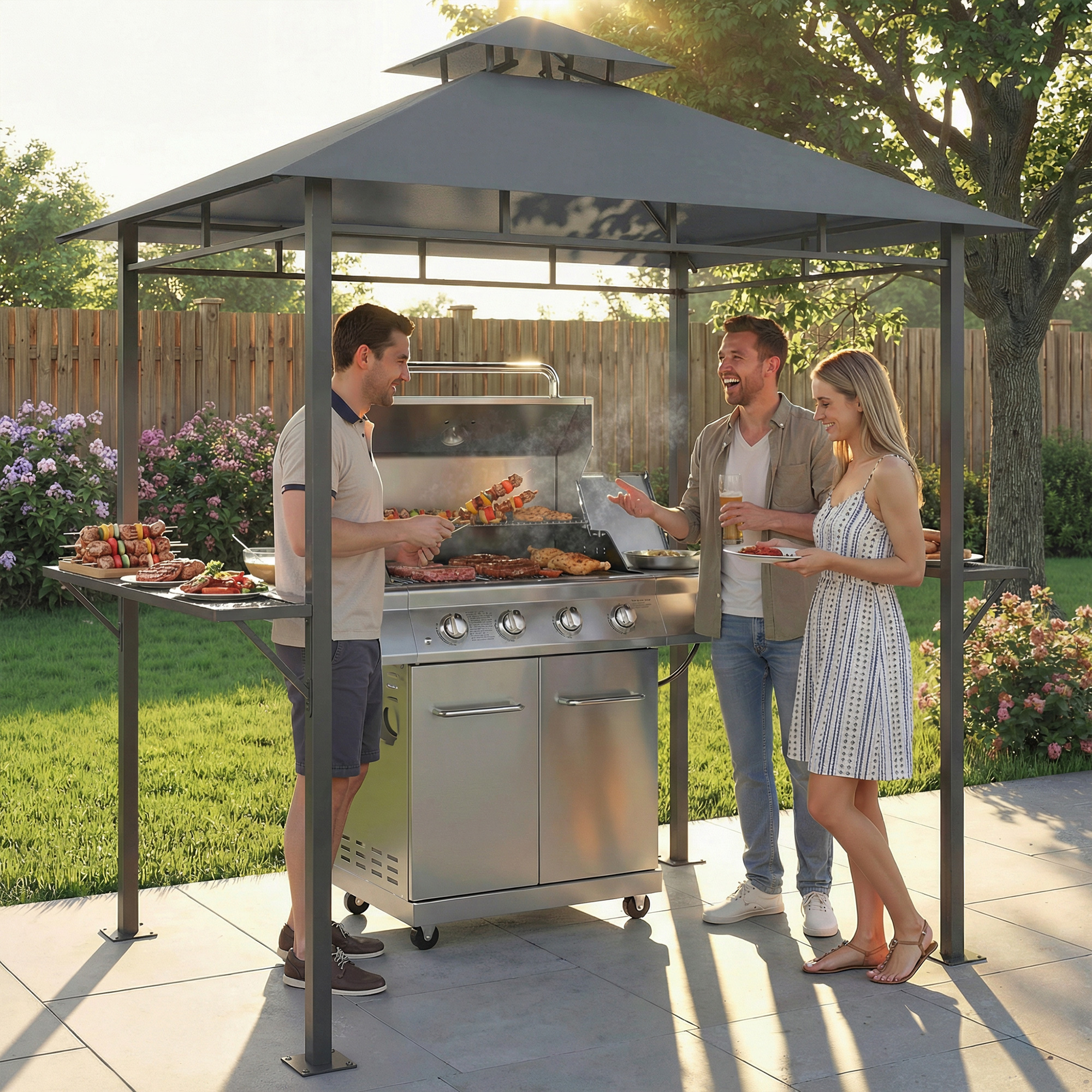 Grillpavillon 2,4 x 1,4 m, Windfest Grillüberdachung mit Doppeldach Lüftungsöffnung Seitenregalen
