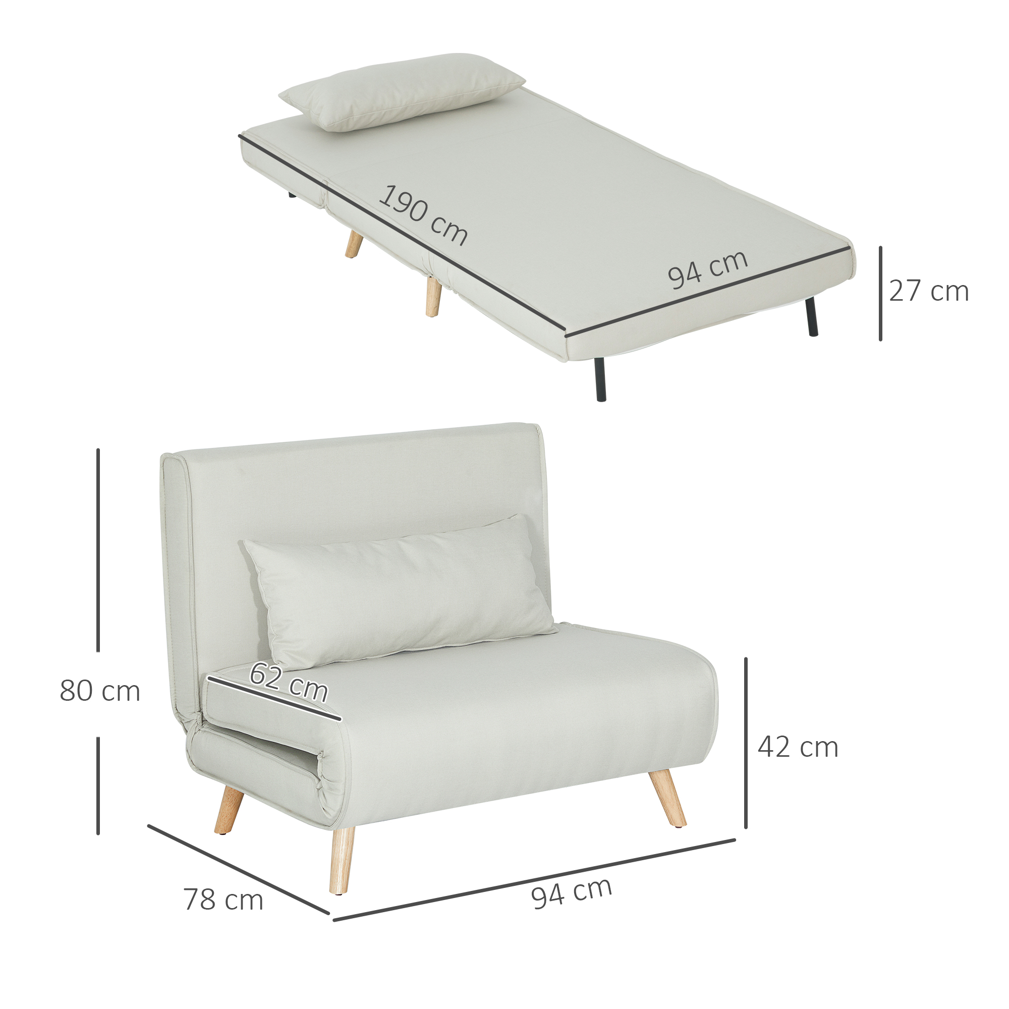 Einzelsofa Schlafsofa Sofabett Klappsofa verstellbar Rückenlehne Liege nordisch skandinavisch 25D Schaumstoff Haus Leinenimitat Tannenholz Cremeweiß 94 x 78 x 80 cm