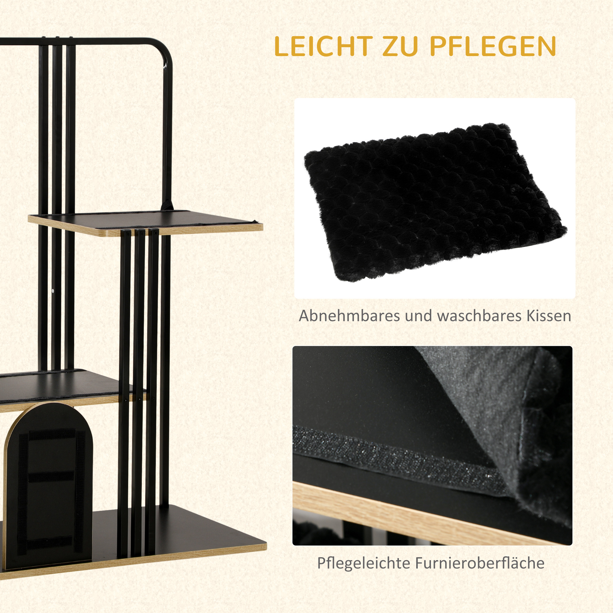 Kratzbaum, Industrial Design, 2 Plattformen, 2 Liegekissen, Kratzwand, Stahlrahmen, schwarz, 85 x 48 x 128 cm