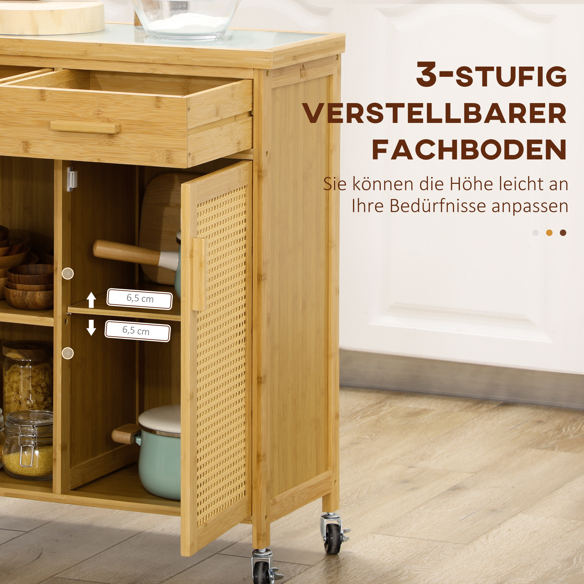 Küchenwagen aus Bambus, Mehrzweckwagen, Sevierwagen, 2 Schubladen, 1 Schrank,  2 Regale, Natur