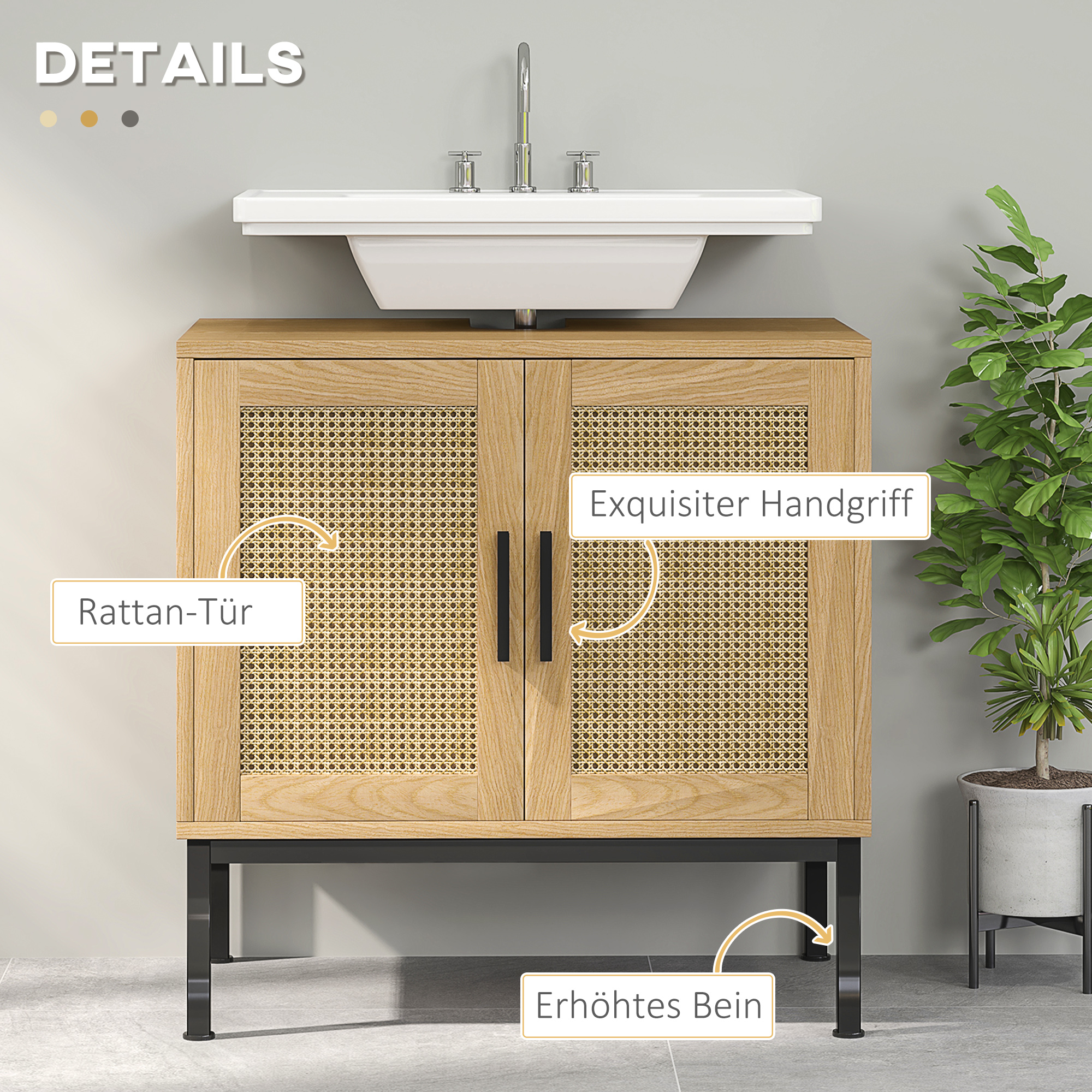 Badezimmerunterschrank, im Boho-Design, Badezimmerschrank, Rattan-Elemente, mit U-Ausschnitt, Eiche