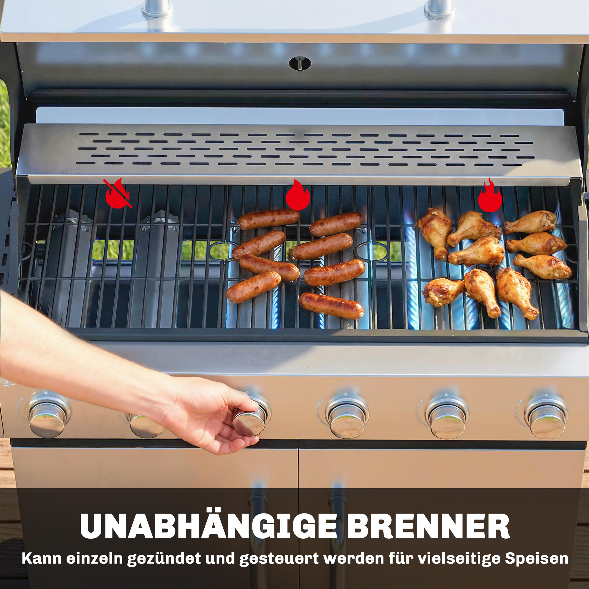 Gasgrill 18,6 KW 6+1 Brenner BBQ Grillwagen aus Edelstahl inkl Rolle Thermometer Warmhalterost Seitentisch Unterschrank