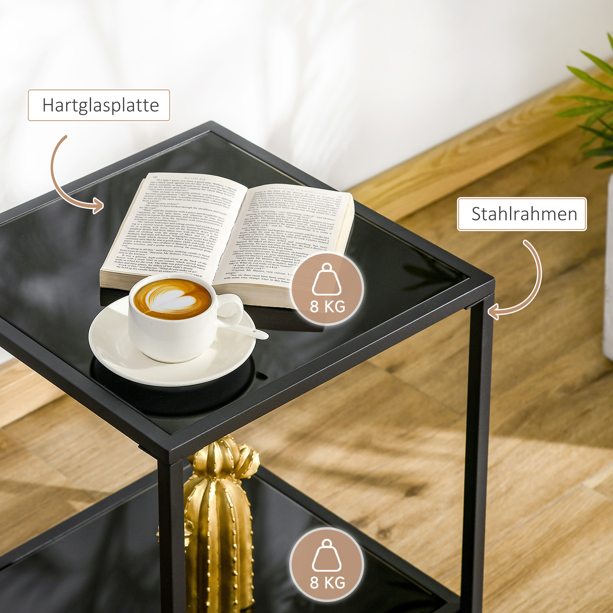 Beistelltisch mit gehärteten Glasplatten, 2 Ebenen, klassisches Design mit Metallstruktur, Schwarz
