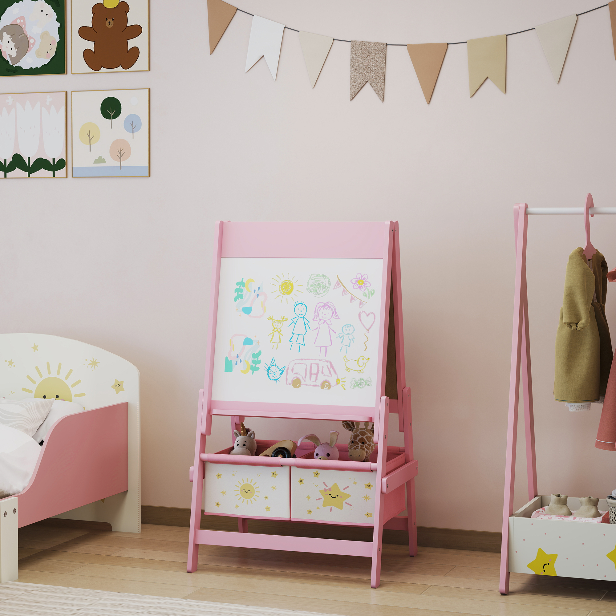 Kinder Staffelei 3 in 1 Kindertafel mit Kreidetafel, Whiteboard, Papierrolle, 2 Aufbewahrungsboxen, für 3-8 Jahre Rosa
