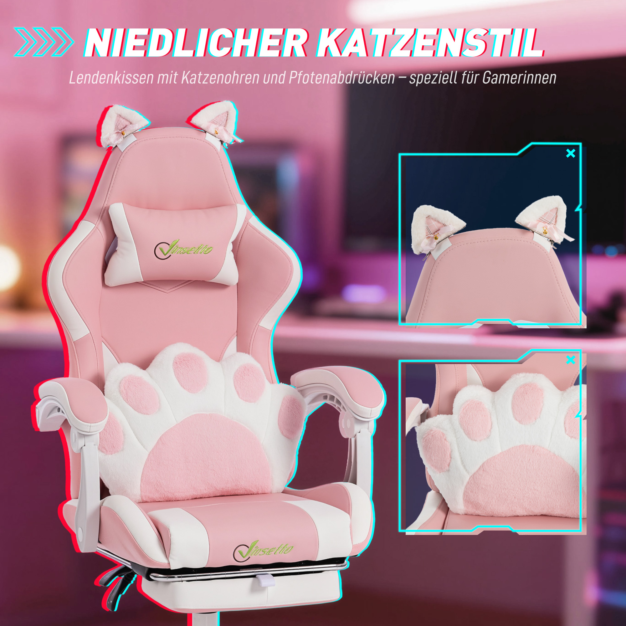 Ergonomischer Gaming-Stuhl, Katzenohren-Gamer-Stuhl aus Kunstleder mit Lendenstütze, Fußstütze, Kopfstütze, Rosa