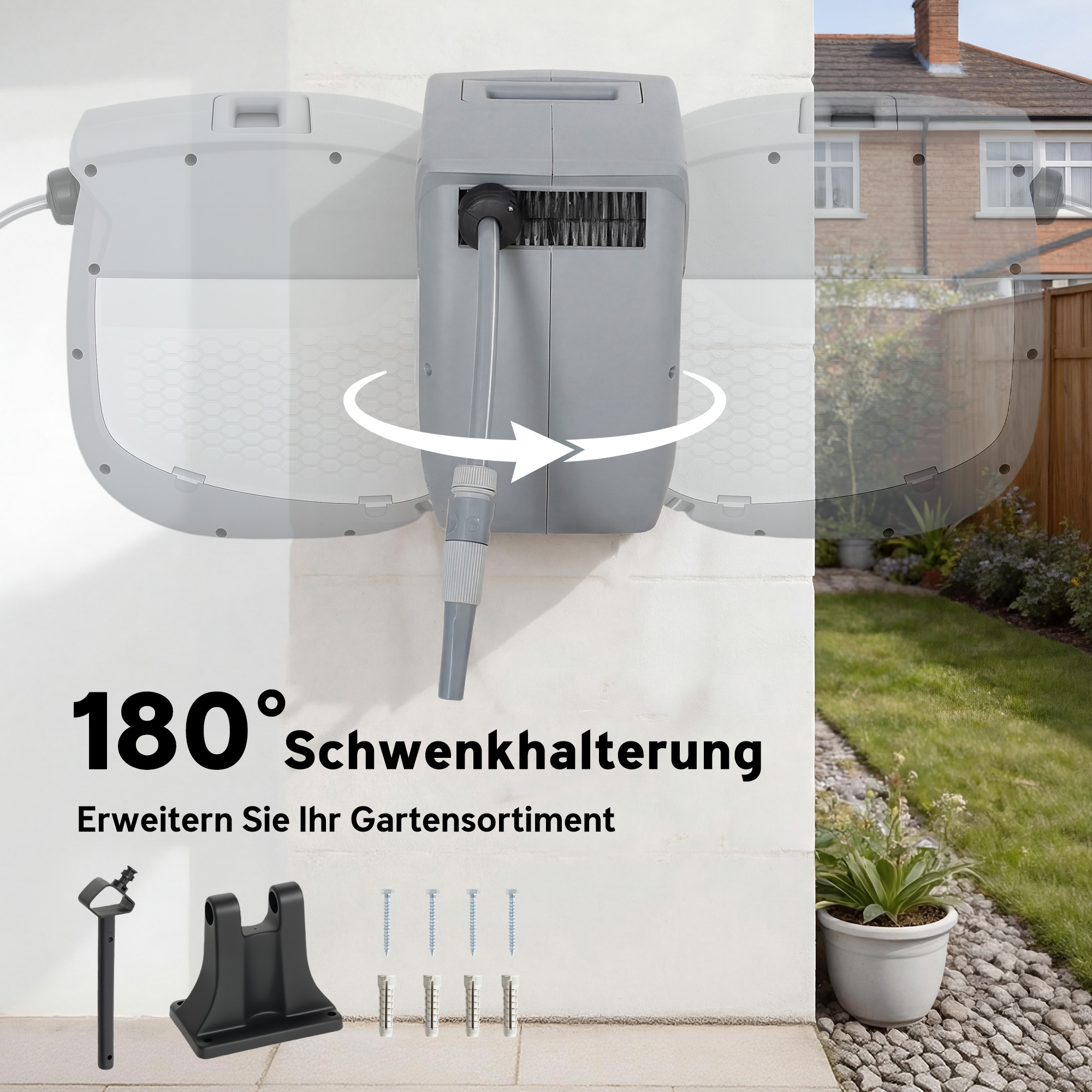 Schlauchtrommel mit Gartenschlauch 20 m, 180° schwenkbar Schlauchbox mit automatische Aufrollung Selbstverriegelung