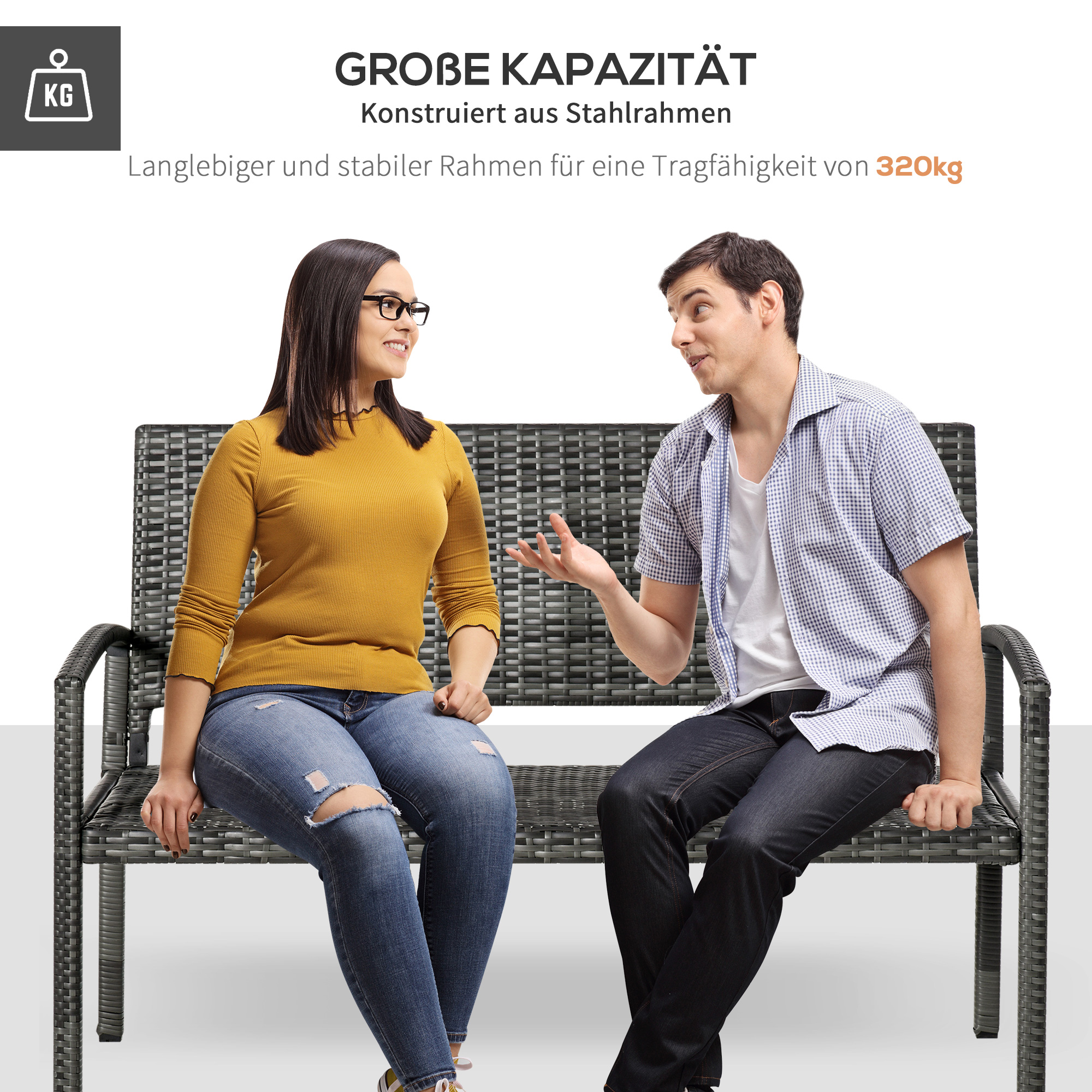 Gartenbank, in Rattanoptik, mit Stahlrahmen, für 2 Personen, Braun, 122 x 60 x 87cm