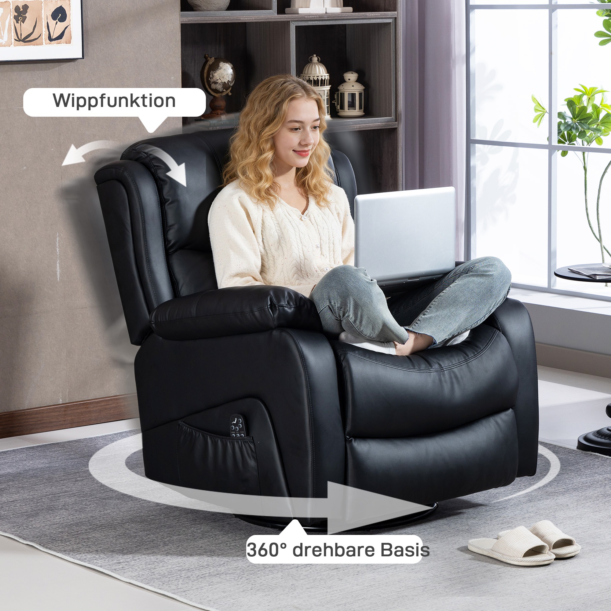 Massagesessel, Wärme- & Liegefunktion, Kunstleder, bis 150kg, 97x92x104cm, Schwarz