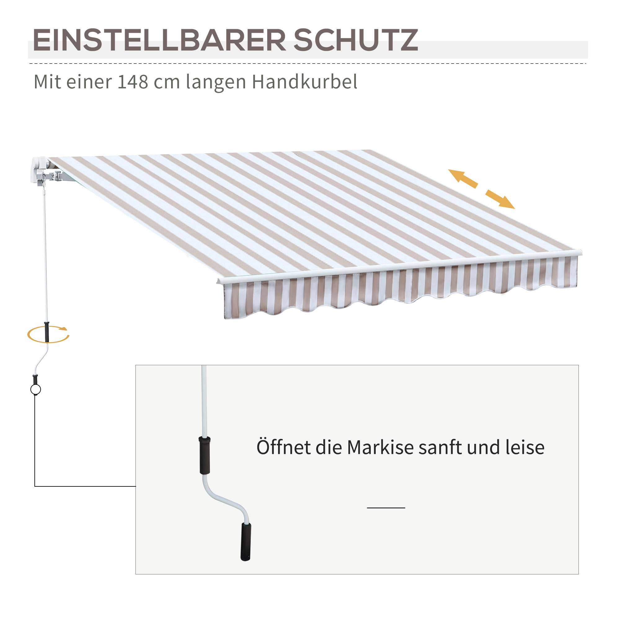 Markise mit Handkurbel, Gelenkarmmarkise, Sonnenschutz, Wandmontage, Balkon, Alu Berge 3 x 2,5 m