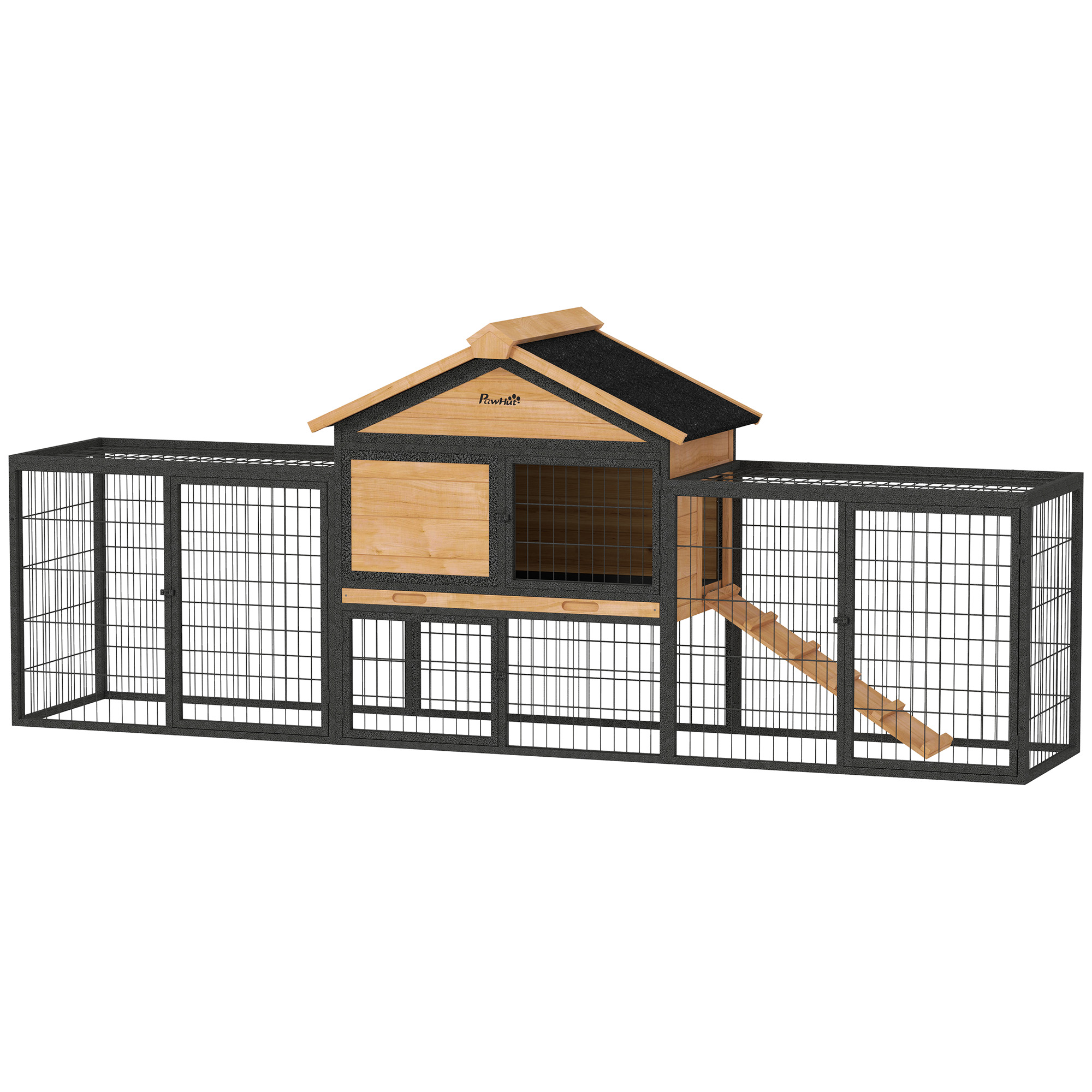 Hasenstall 2 Ebenen Kaninchenstall aus Vollholz Winterfest Doppelstockhaus mit Freilaufgehege 217x53x86 cm Gelb