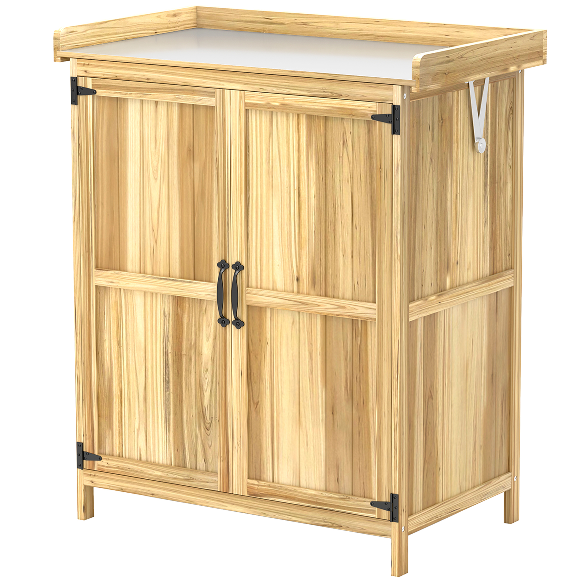 Gartenschrank, Werkzeugschrank für den Außenbereich, mit Arbeitsfläche, Holz und Edelstahl, Doppeltüren, Naturholz Gartenschrank, Werkzeugschrank für den Außenbereich, mit Arbeitsfläche, Holz und Edelstahl, Doppeltüren, Naturholz