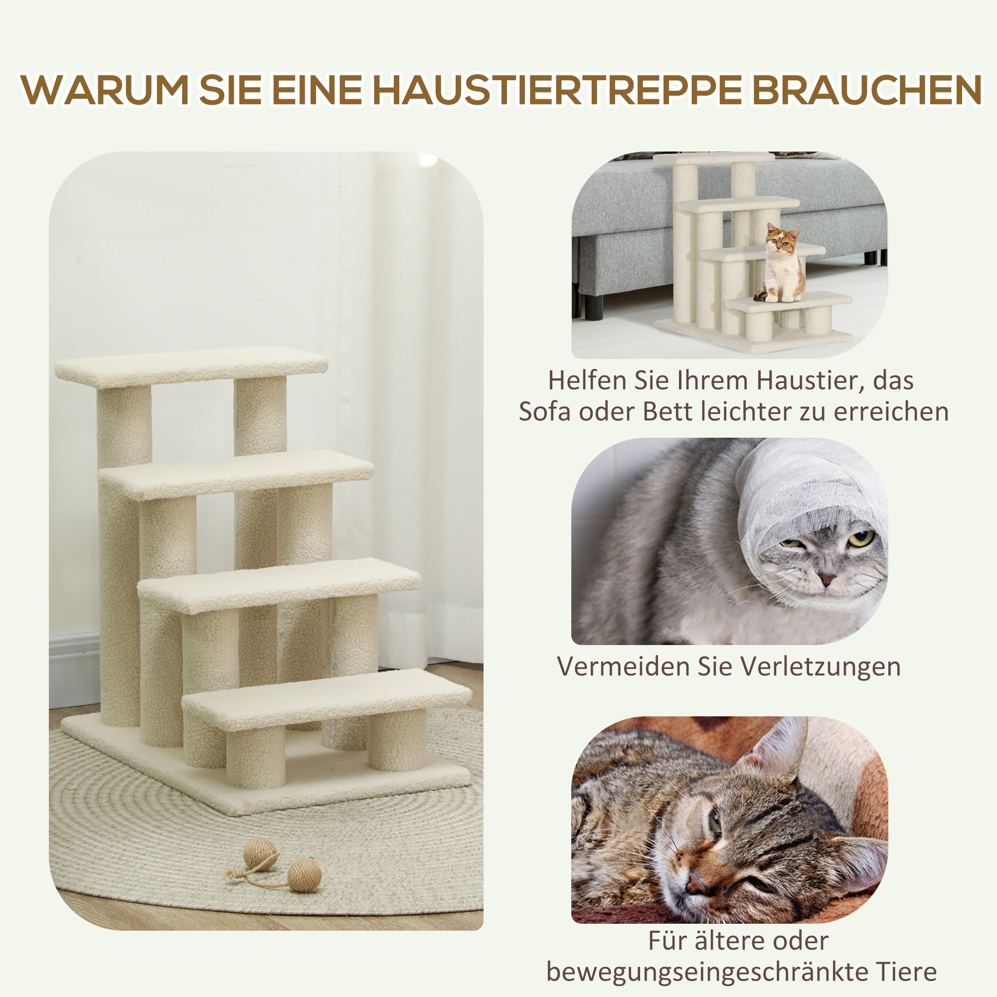 Katzentreppe 4 Stufen Tiertreppe Treppe für Katze Haustiertreppe Hundetreppe aus Plüsch 61 x 41 x 60 cm Cremeweiß