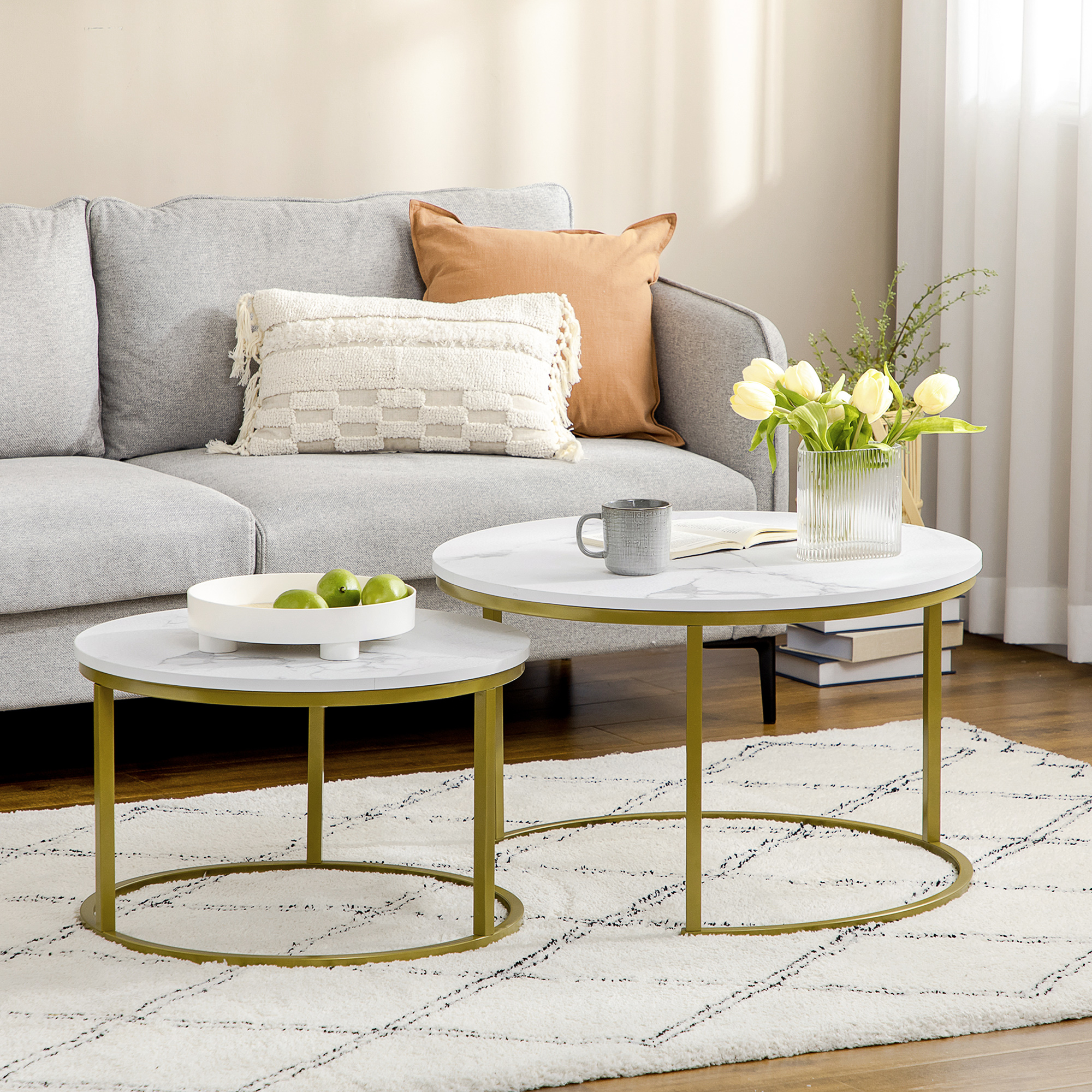 Beistelltisch-Set, 2 Satztische, Ø74 & Ø59 cm, Marmoroptik, Rahmen in Gold