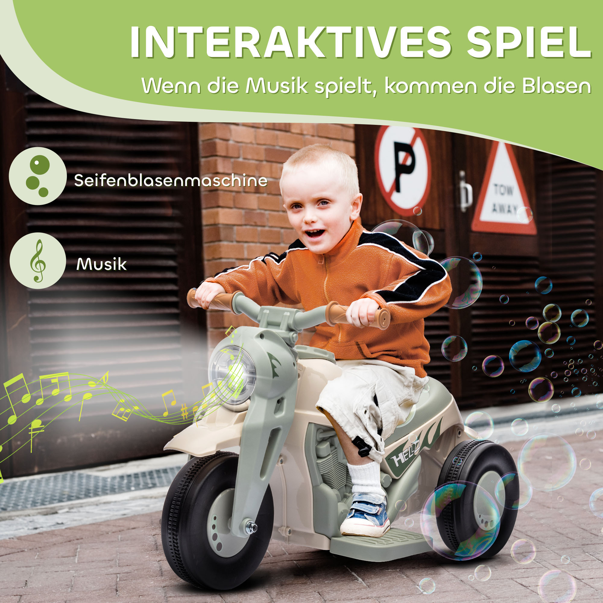 Kinder Elektro-Motorrad, 6V Kindermotorrad mit Musik, Blasen 2,5-3 km/h, für 2-5 Jahre Kinder