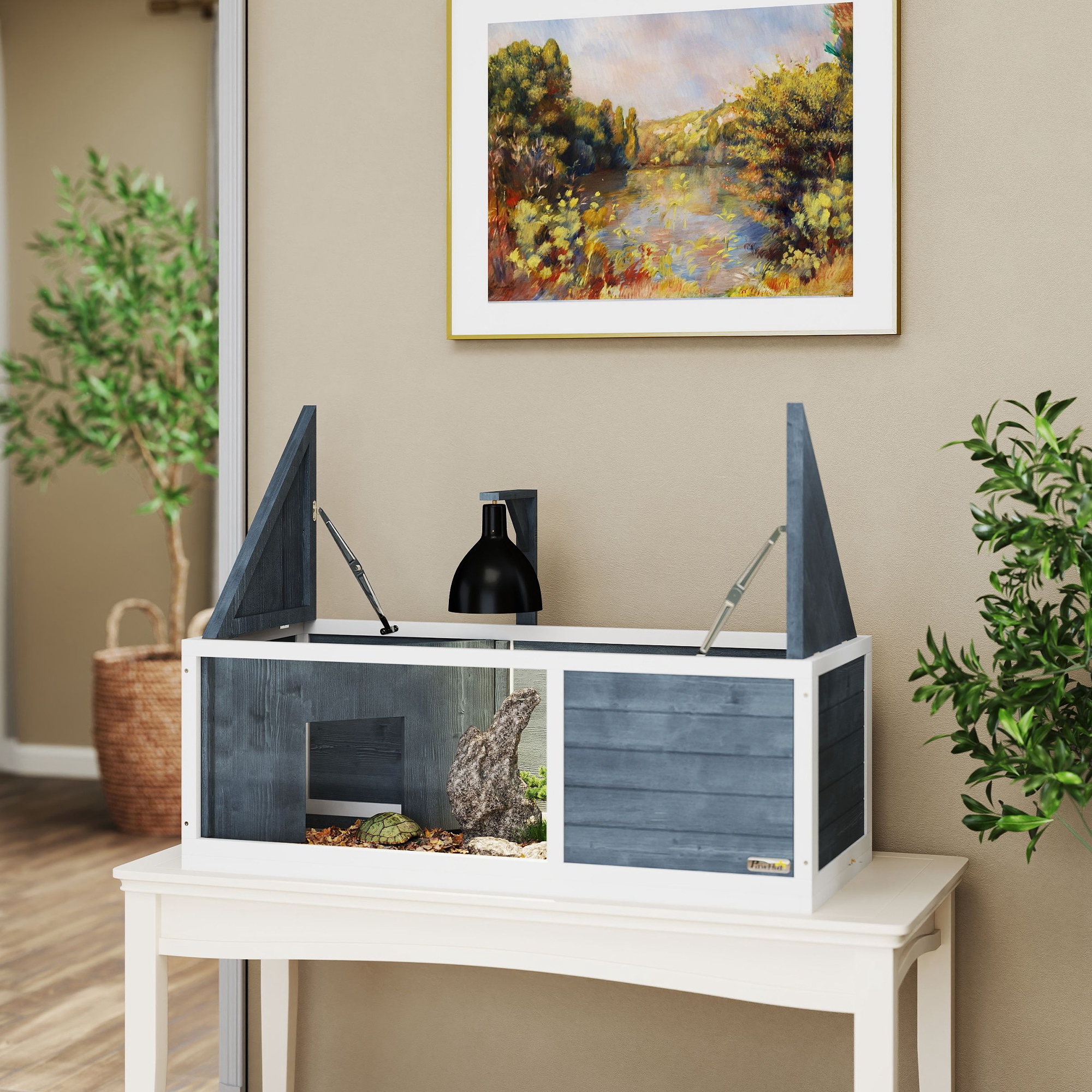 Schildkrötenhaus mit leicht zu öffnender Oberseite, Lampenvorrichtung, transparenter Front, 120 x 50 x 40 cm, Grau