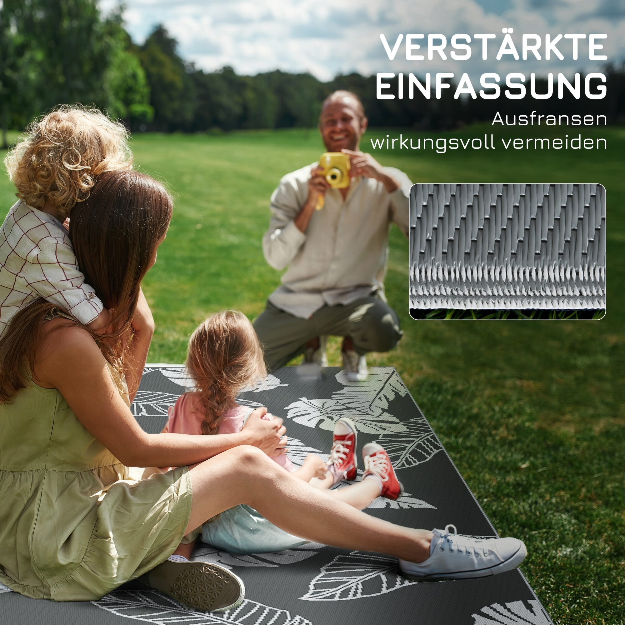 Outdoor Wendeteppich, wasserfest, Blattmuster, 182x274cm, Grau/Weiß