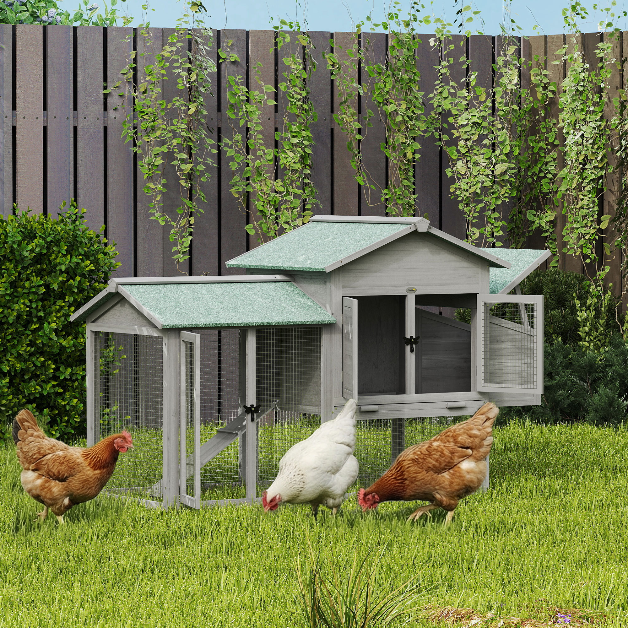 Hühnerstall Holz Hühnerhaus mit Freilaufgehege Nistkasten Rampe herausziehbarem Tablett für 2-4 Hühner 168x75x103cm Grau