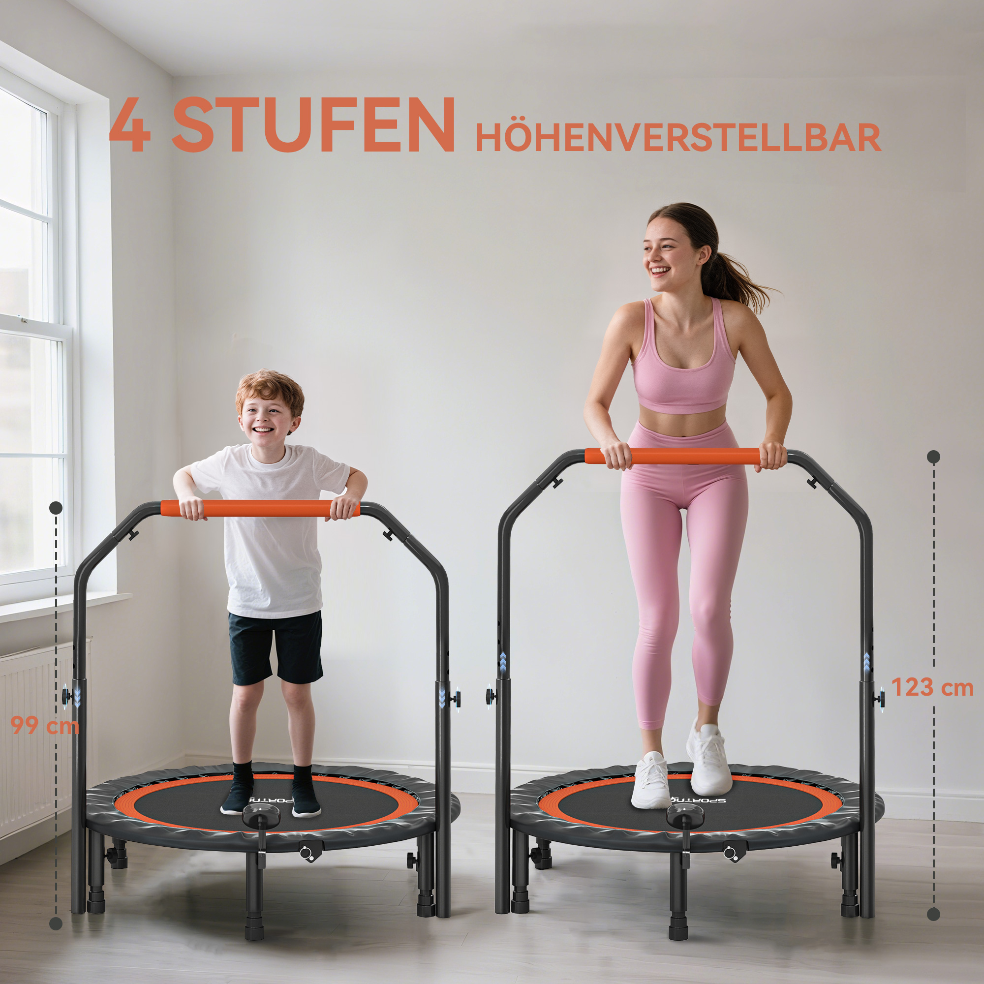 Mini-Trampolin, mit höhenverstellbarem Haltegriff, LCD-Monitor, Stahl, schwarz+rot, Ø102 x 99-123cm