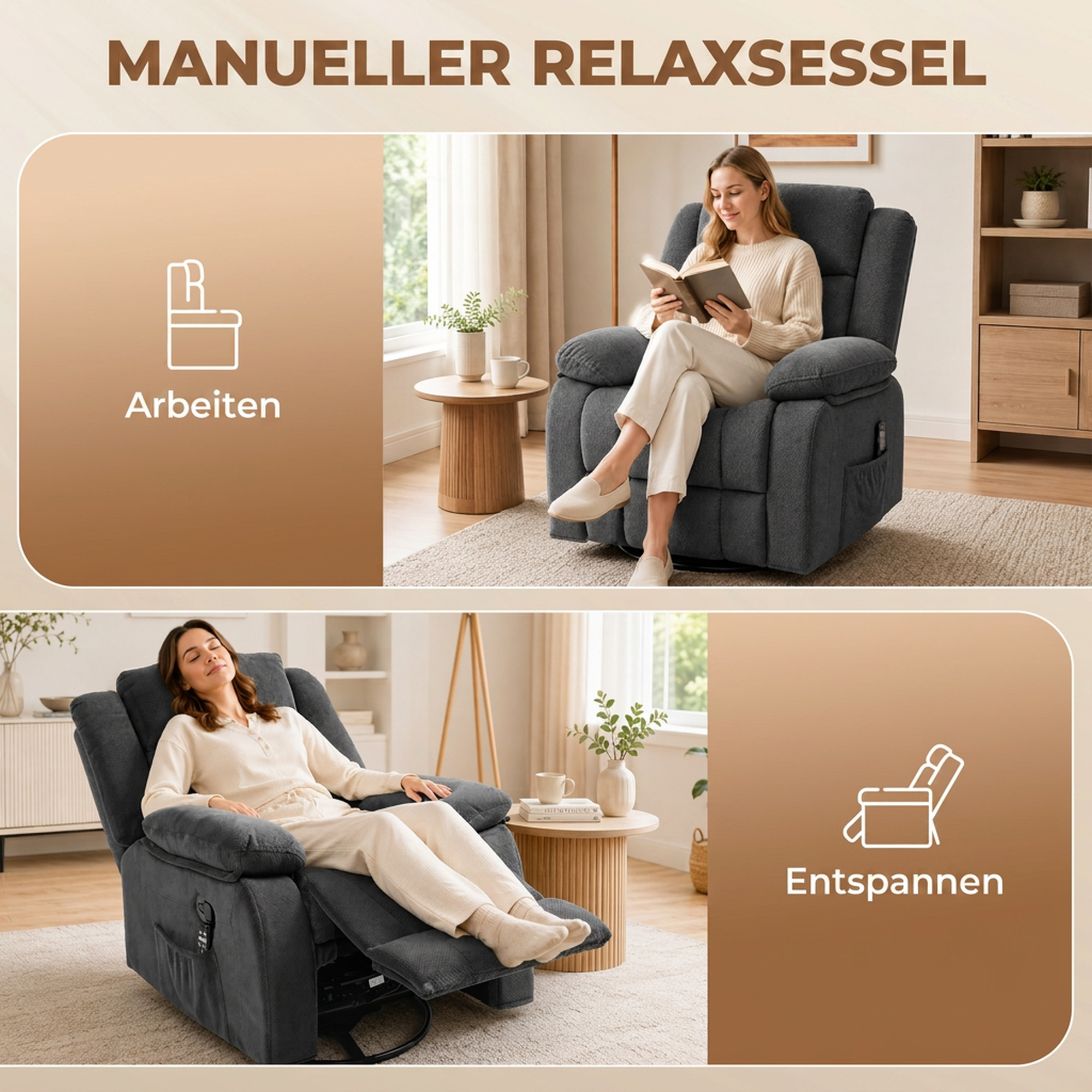 Relaxsessel mit Vibrationsmassage und Wärme, manuell verstellbarer Drehsessel mit Schaukelfunktion und Taschenfederkern, Grau