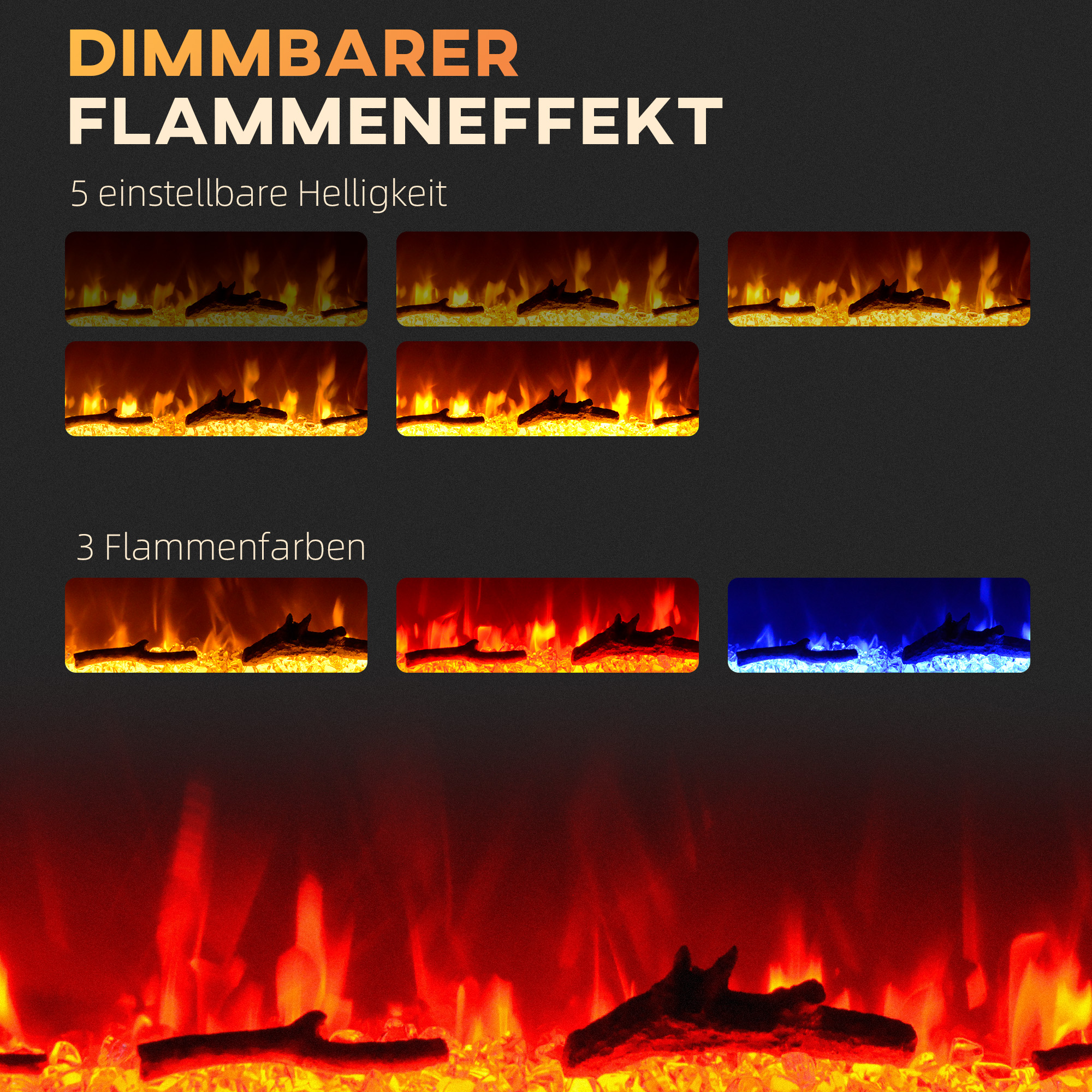 Elektrischer Kamin mit Wandhalterung und Fernbedienung, künstliche Holzscheite und Kristalle, 1800W Leistung, Schwarz