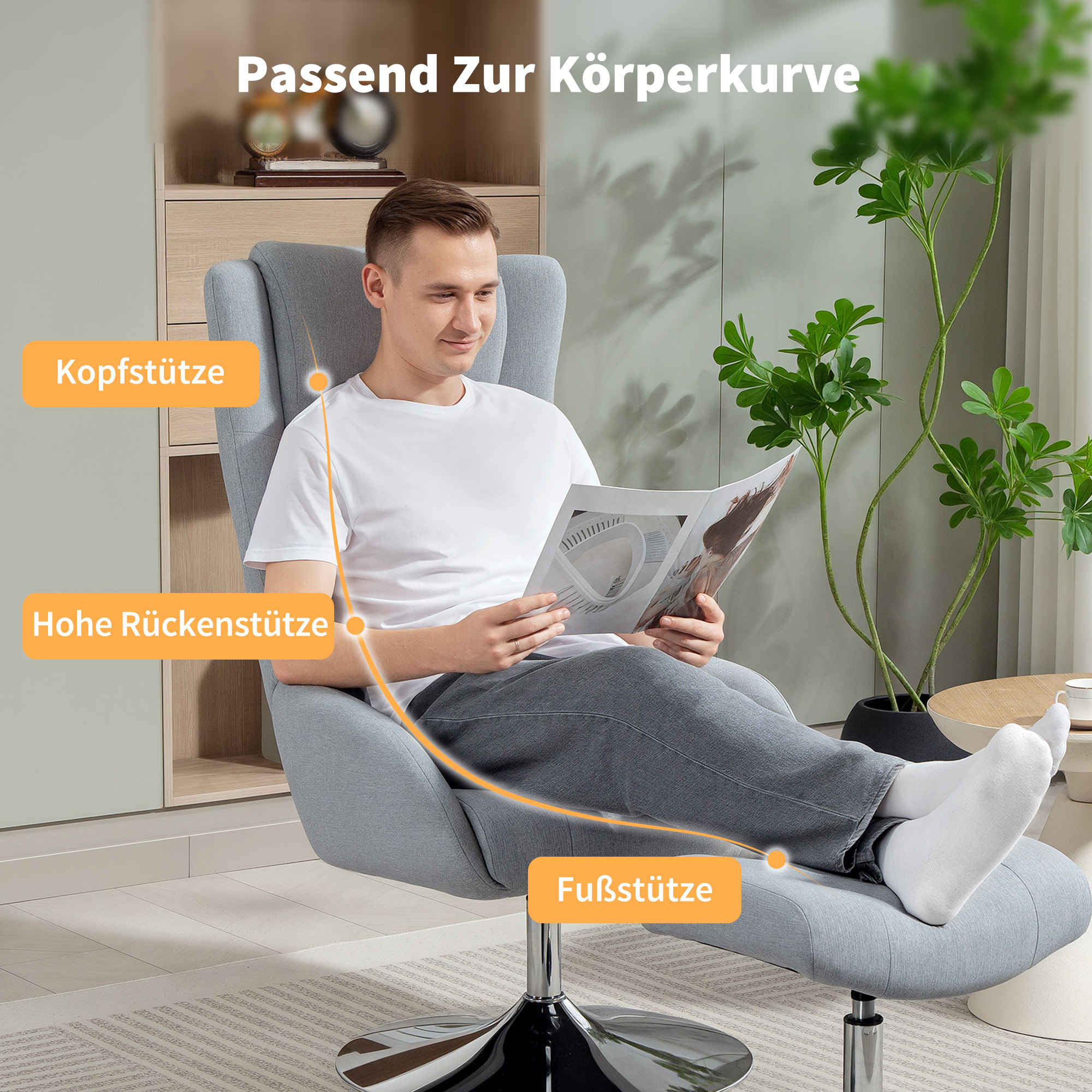 Drehbarer Polsterstuhl mit Fußhocker, zurücklehnbar, Polstersessel mit Armlehnen, für Wohnzimmer, Schlafzimmer, Grau