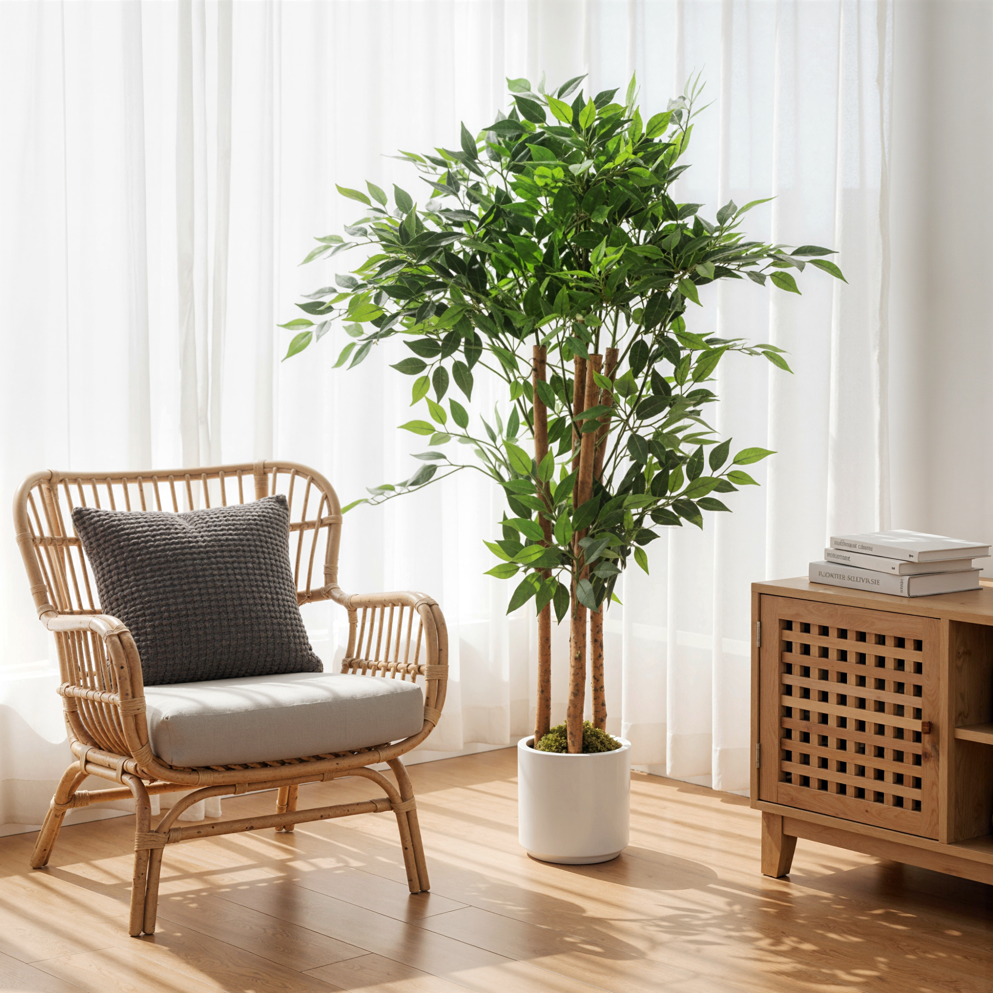 Künstlicher Banyanbaum Kunstpflanze mit Massivholzstamm, Topf, für Wohnzimmer Schlafzimmer Büro 55 x 55 x 120 cm Grün
