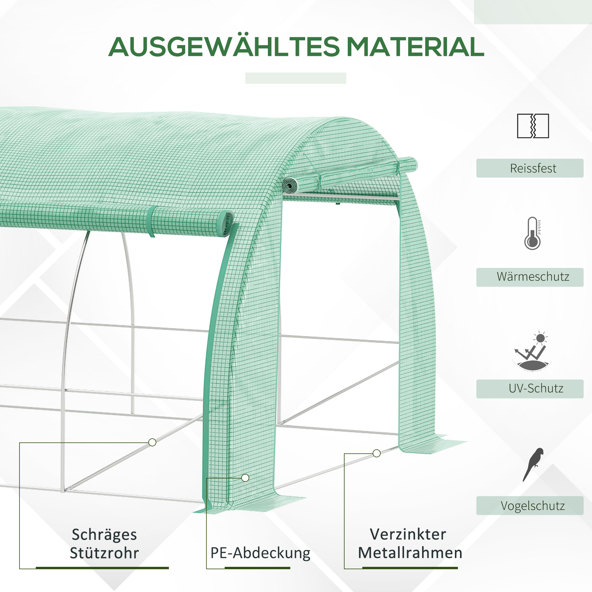 Foliengewächshaus, Treibhaus, begehbar, Netzfenster, Metallrahmen, 4x3x2m, Grün