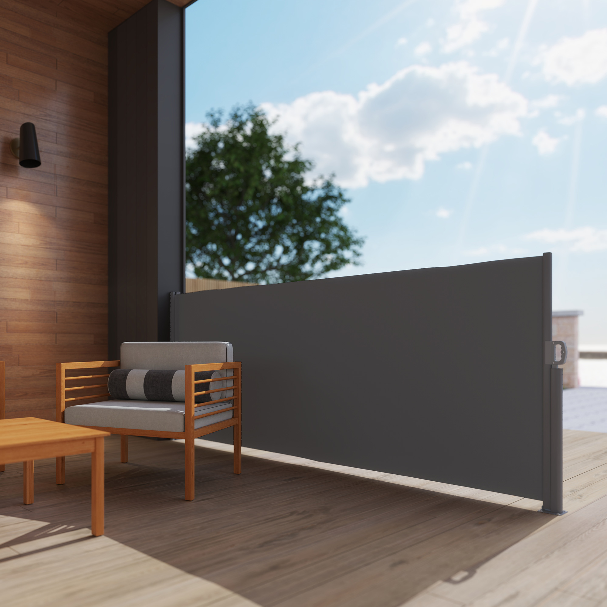Seitenmarkise ausziehbar blickdicht Sichtschutz mit Wandhalterung  Beschichtung 300x140cm Dunkelgrau