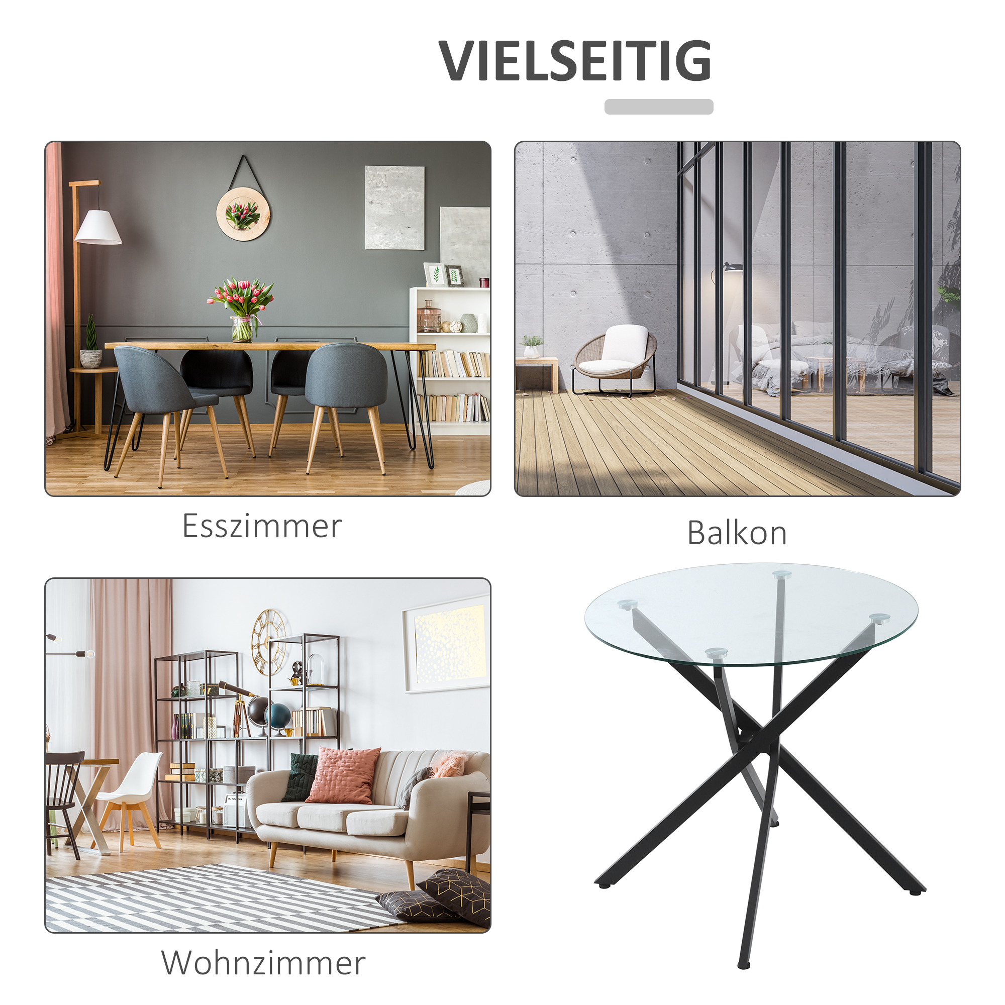 Moderner Glas-Esstisch, 80 cm Durchmesser, Küchentisch mit gehärteter Glasplatte und Metallbeinen, für 4 Personen