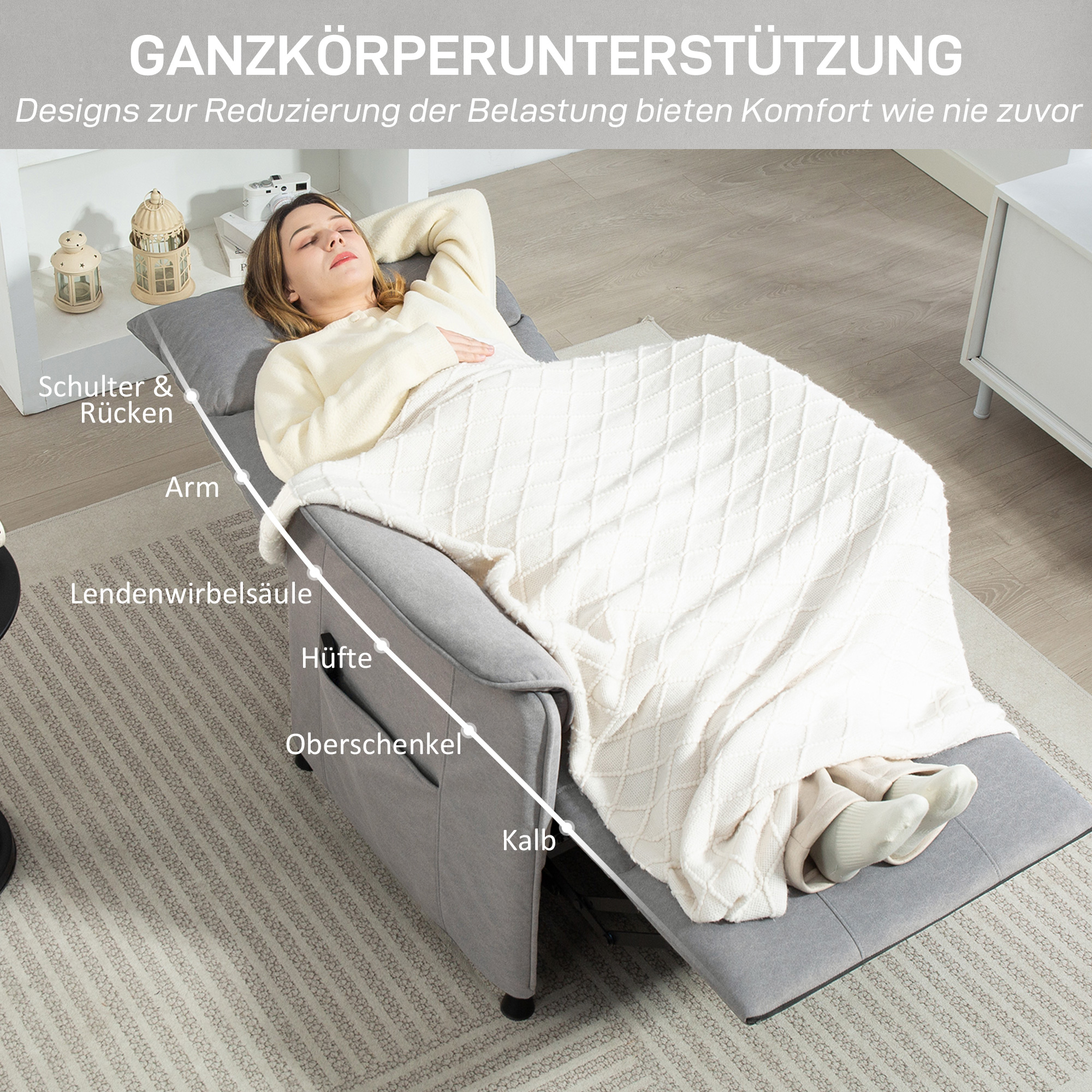 Relaxsessel mit leisem Motor, Polstersessel mit robusten Stoffbezug, Memory-Funktion, anpassbare Fußstütze, Grau