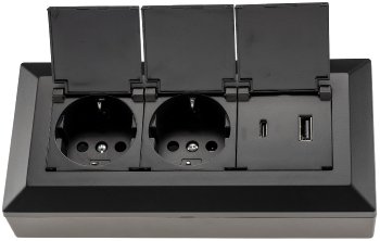 2-fach Steckdosenblock, USB-A+C, schwarz / 250V~/ 16A, USB 3,1A, PD, mit Klappen