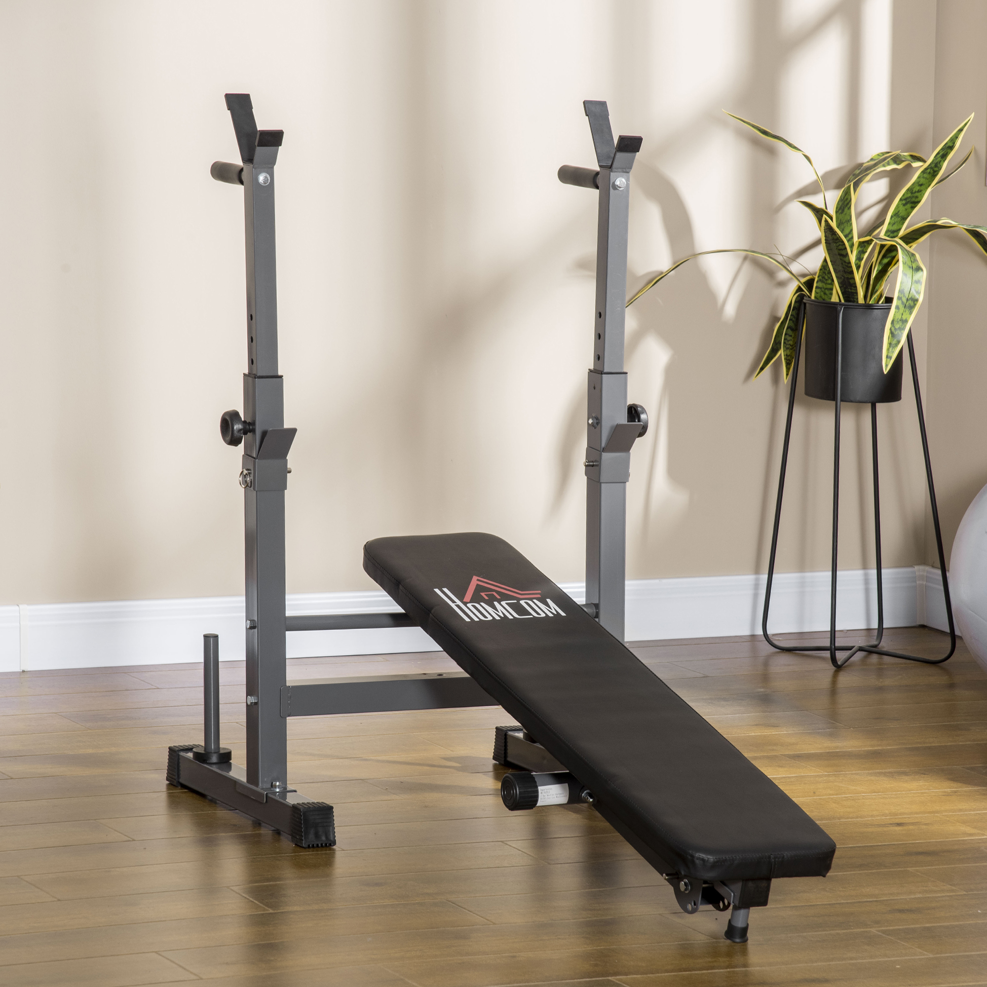 Hantelbank, 8 Positionen, klappbar, Stahlbasis, gepolstert, Kunstleder, 98-122H x 140L x 73B cm, Schwarz/Grau