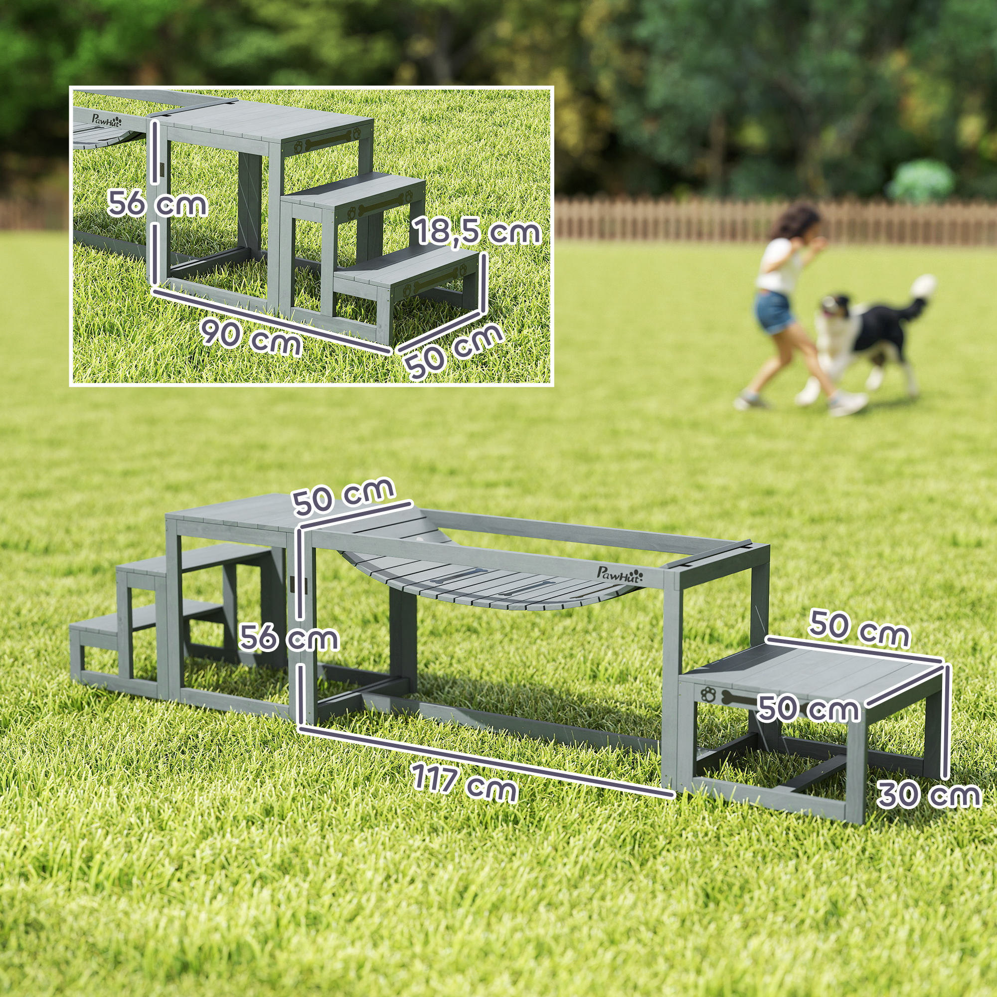 Hunde Agility Set 3-teiliges Set Agility-Ausrüstung mit Brücke, Treppe, Plattform, Tannenholz, 117 x 50 x 56 cm, Grau