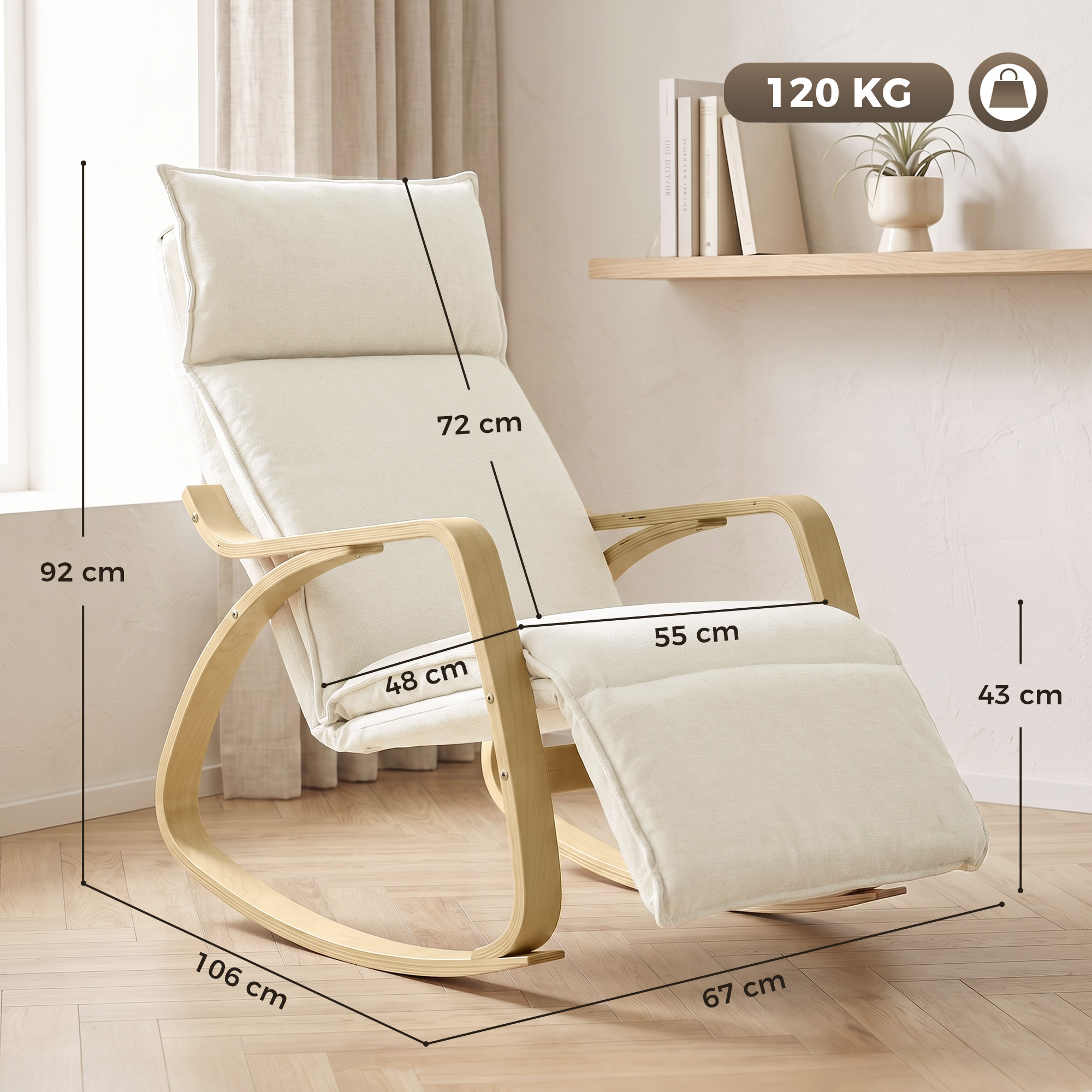 Schaukelstuhl in Leinenoptik mit 5-fach verstellbarer Fußstütze und Leinenoptik, für Wohnzimmer, Cremeweiß