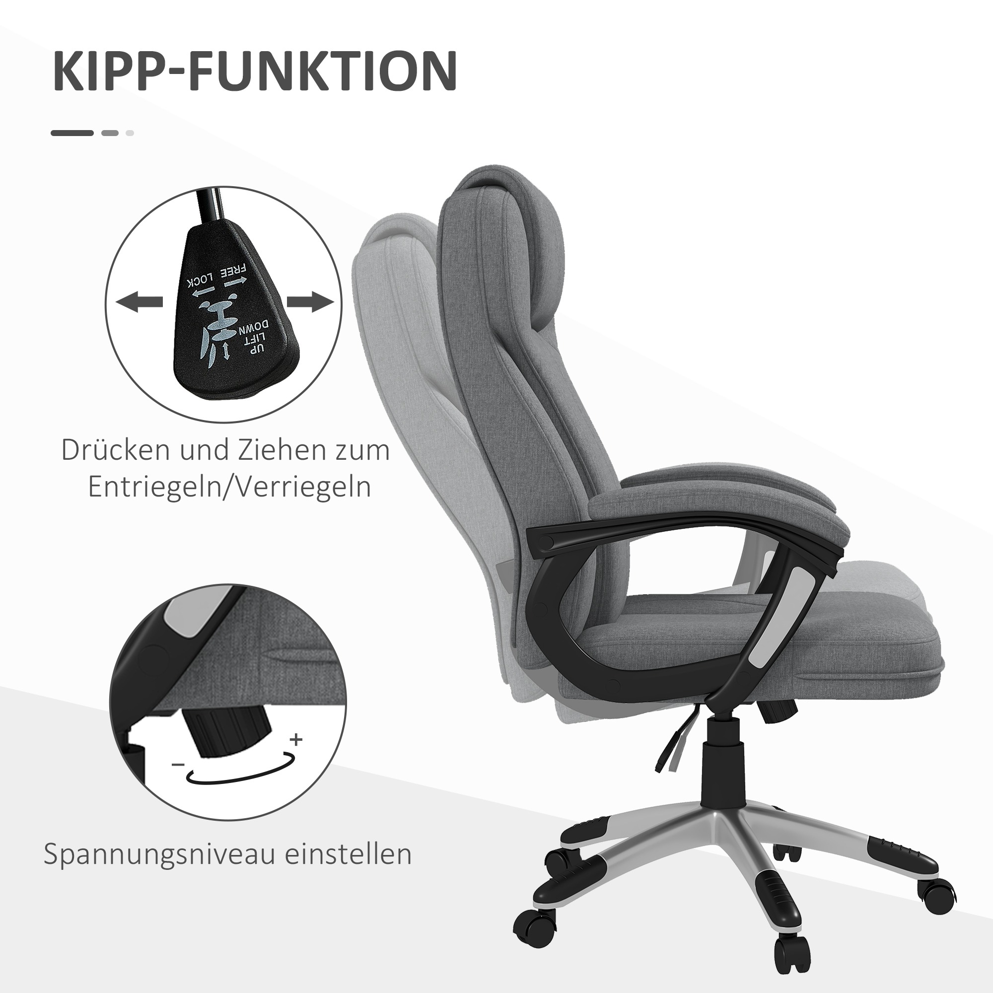 Bürostuhl Schreibtischstuhl Chefsessel, höhenverstellbar, Wippfunktion, 6 cm x 75 cm x 120 cm, Grau