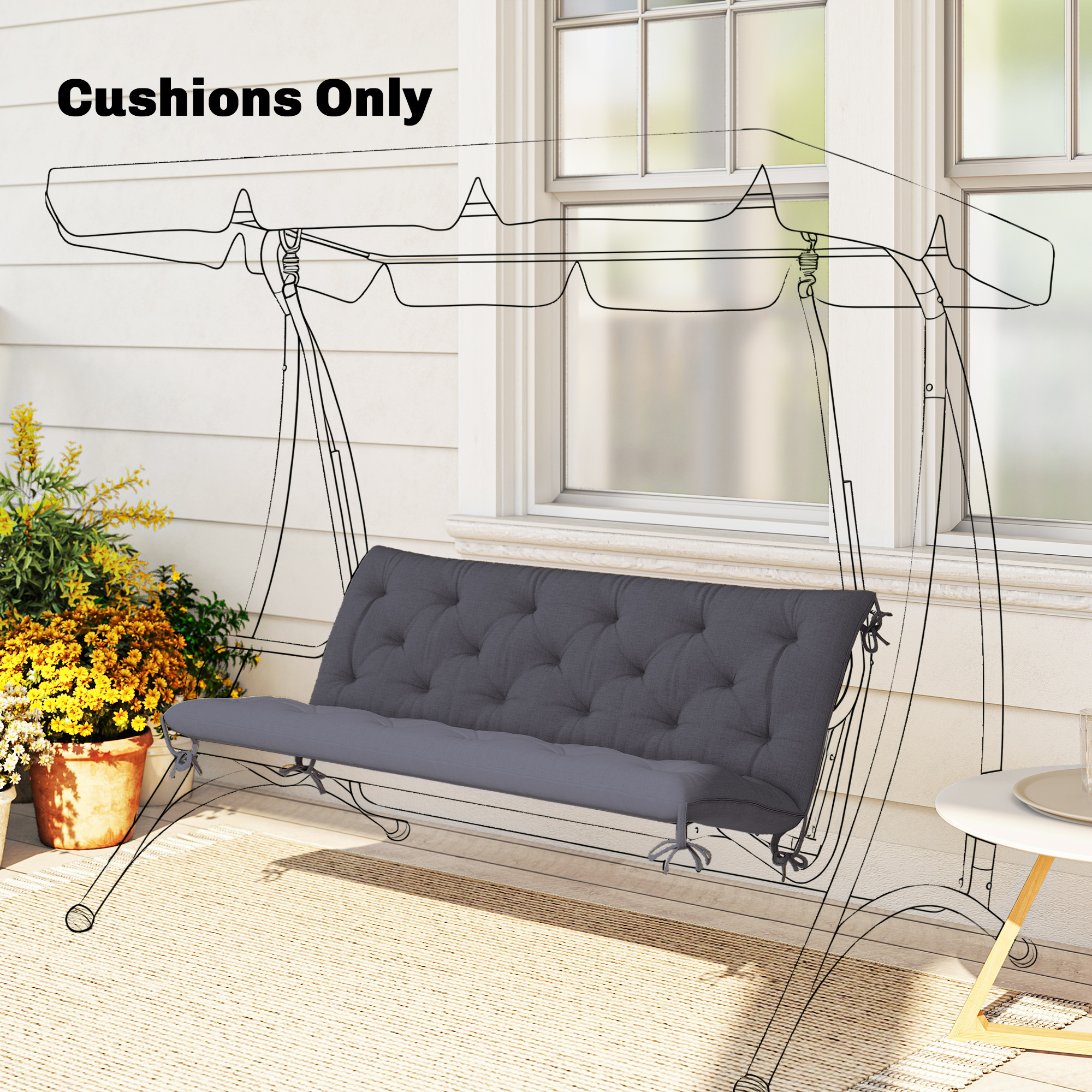3 Sitzer Bankauflage 150 x 98 x 8 cm Sitzkissen mit Bändern Rückenkissen für Indoor/Outdoor Polster Auflage für Sitzbank Gartenbank Gartenmöbel Hollywoodschaukeln Dunkelgrau