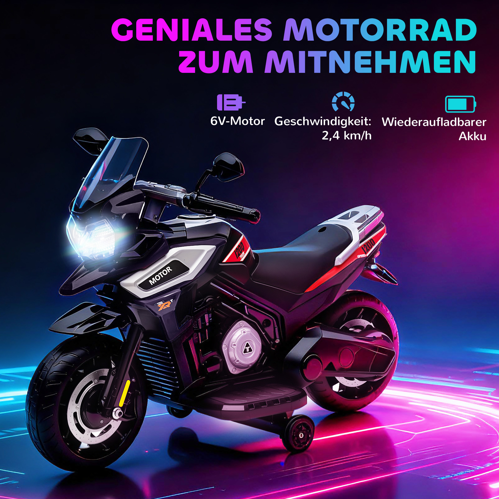 Elektro-Motorrad für Kinder von 18-36 Monaten, Aufsitz-Fahrzeug, Hilfsräder, Lichter, Musik, Kunststoff, Stahl, schwarz