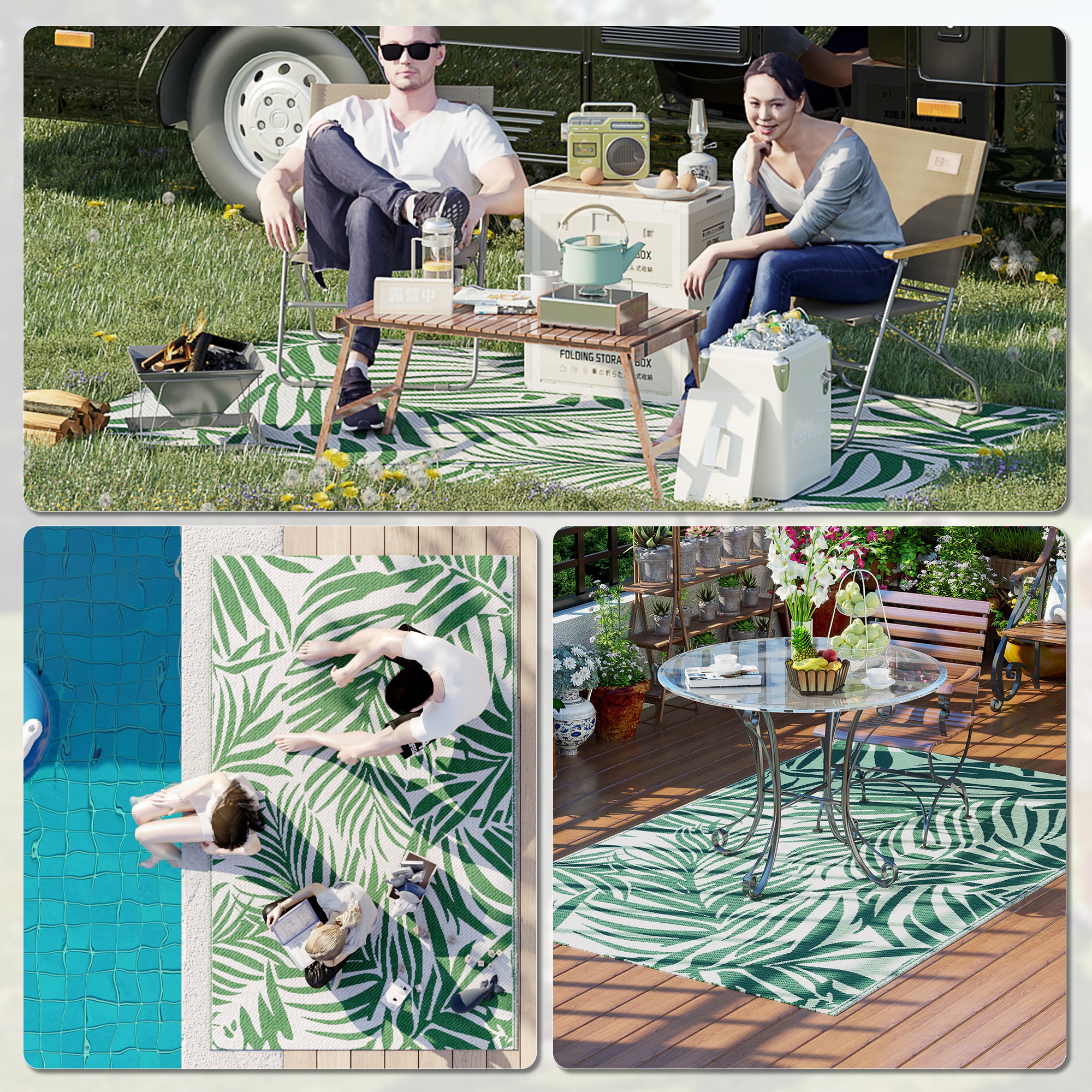 Outdoor Teppich Wendbares Wetterfest Outdoorteppich Carpet mit Blätter-Muster, 152 x 243 cm Dunkelgrün