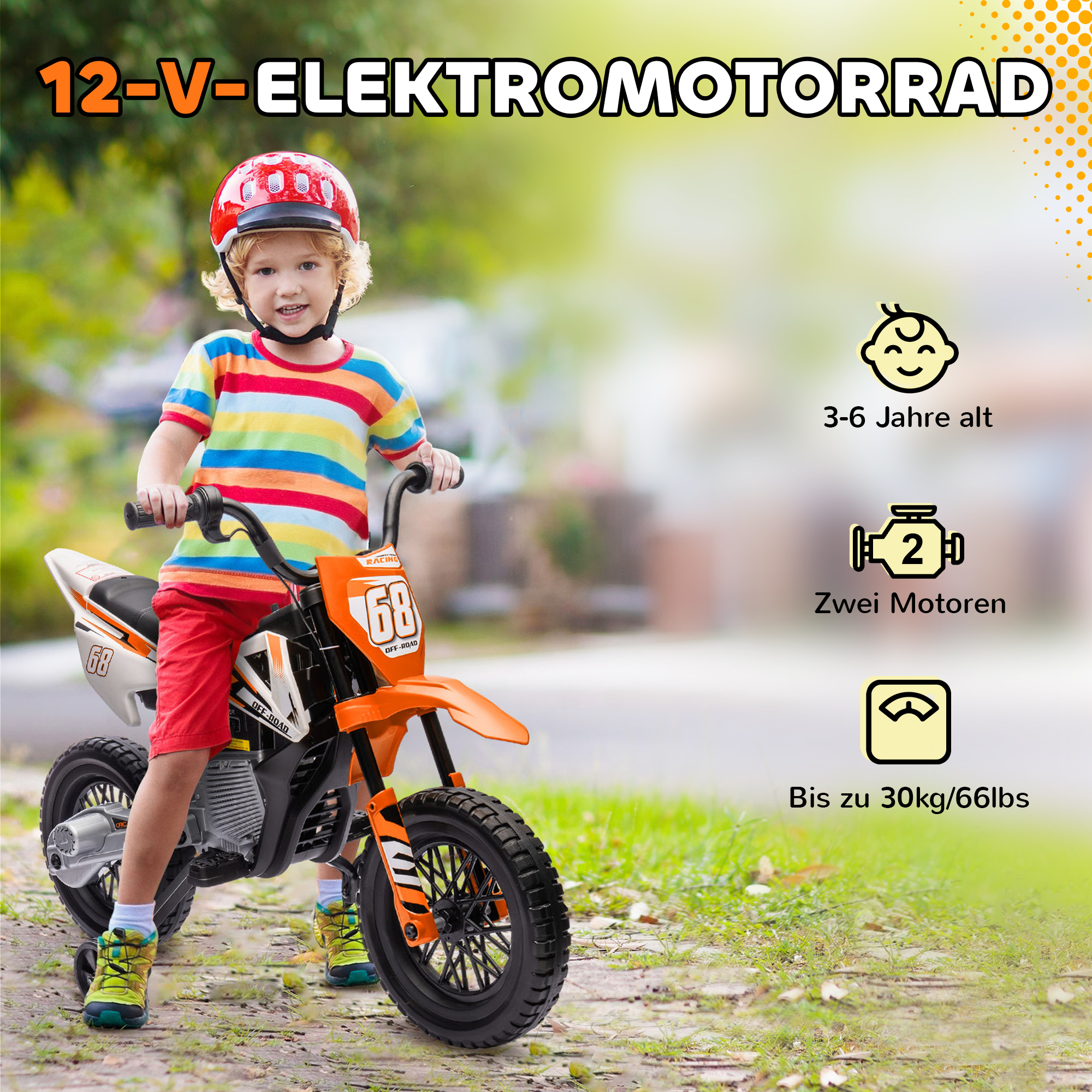Elektro-Motorrad für Kinder, 12V Kindermotorrad mit Musik, Kinderfahrzeug mit Trainingsrädern, 3-6 Jahre, Orange