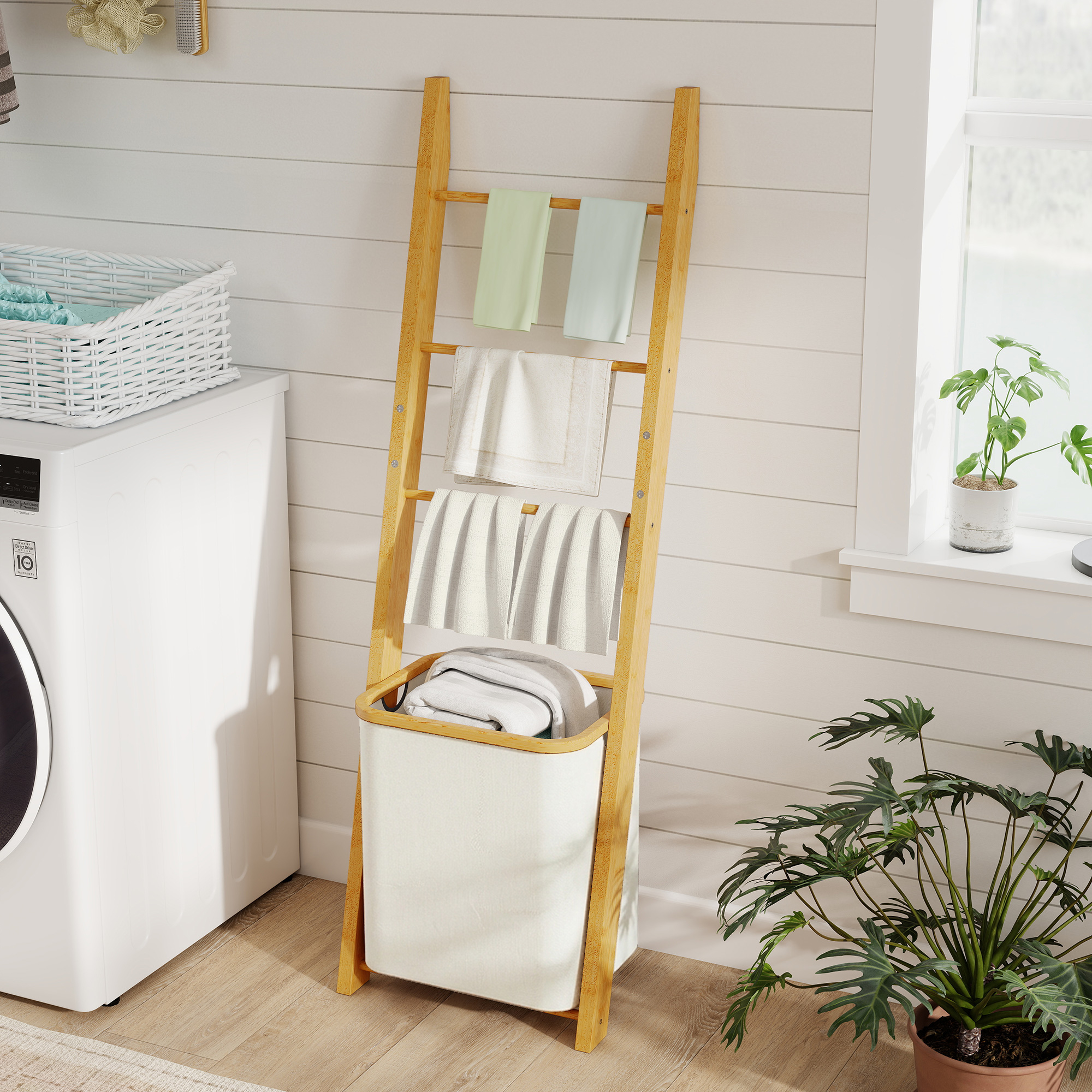Badregal, 2-in-1 Badezimmerregal mit 3 Stangen, abnehmbarer 48L-Wäschekorb, Bambus, 43 x 35 x 133 cm, Cremeweiß